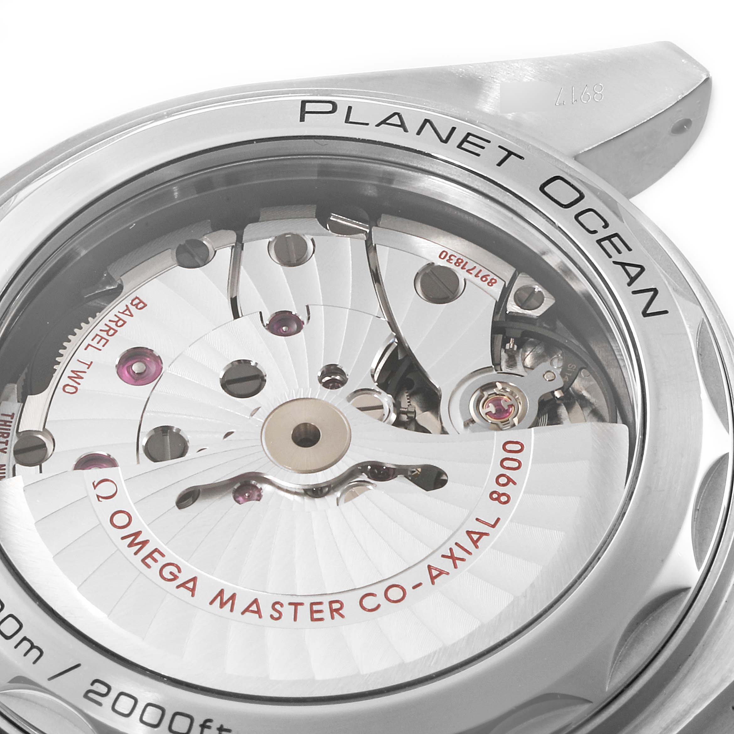 The image shows the back view of an Omega Planet Ocean 215.30.44.21.01.001 Men's Stainless Steel Black Dial 215.30.44.21.01.001 Men's Stainless Steel Black Dial watch, highlighting the open case-back and movement mechanism.