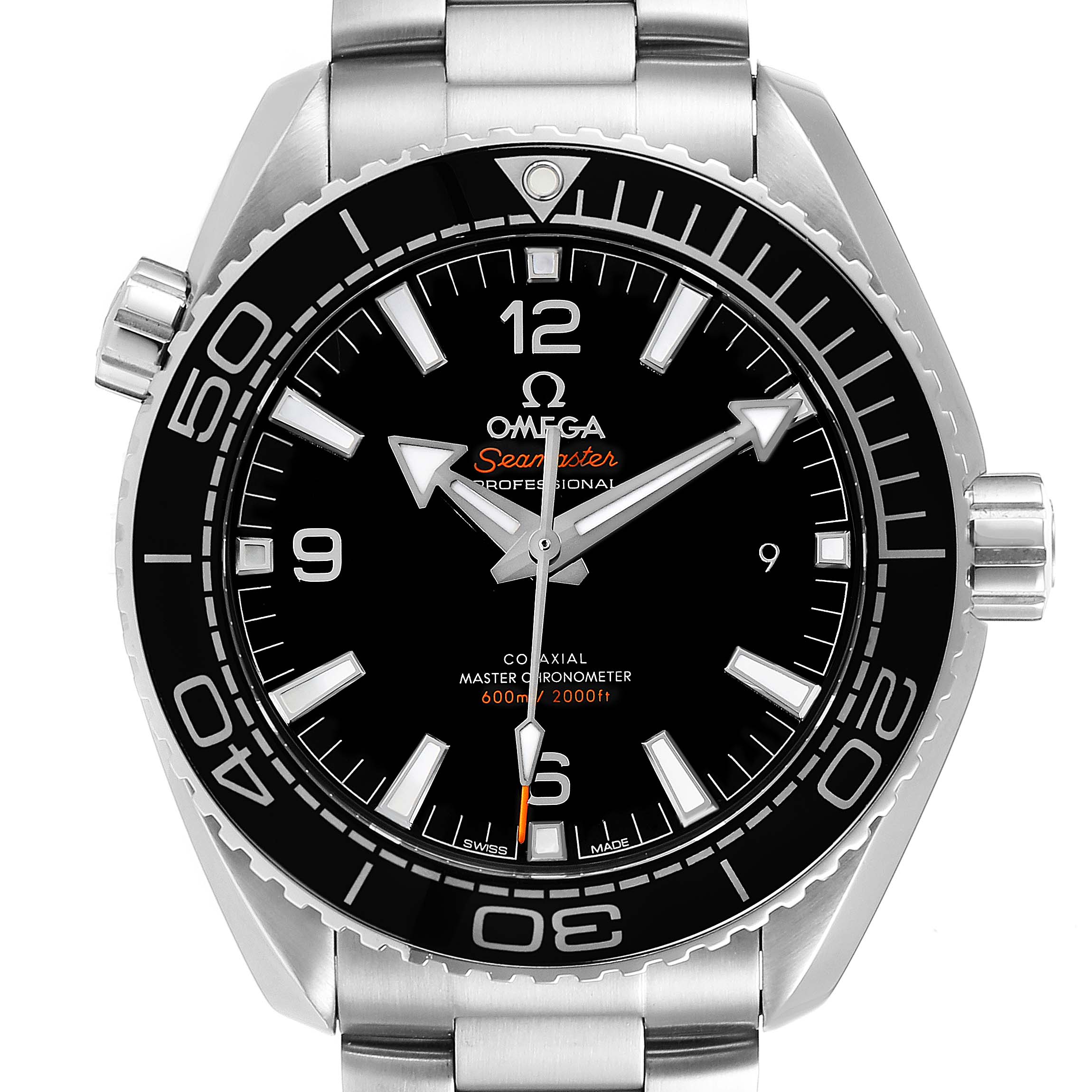 The image shows a front view of the Omega Planet Ocean 215.30.44.21.01.001 Men's Stainless Steel Black Dial 215.30.44.21.01.001 Men's Stainless Steel Black Dial watch, highlighting its dial, bezel, crown, and bracelet.