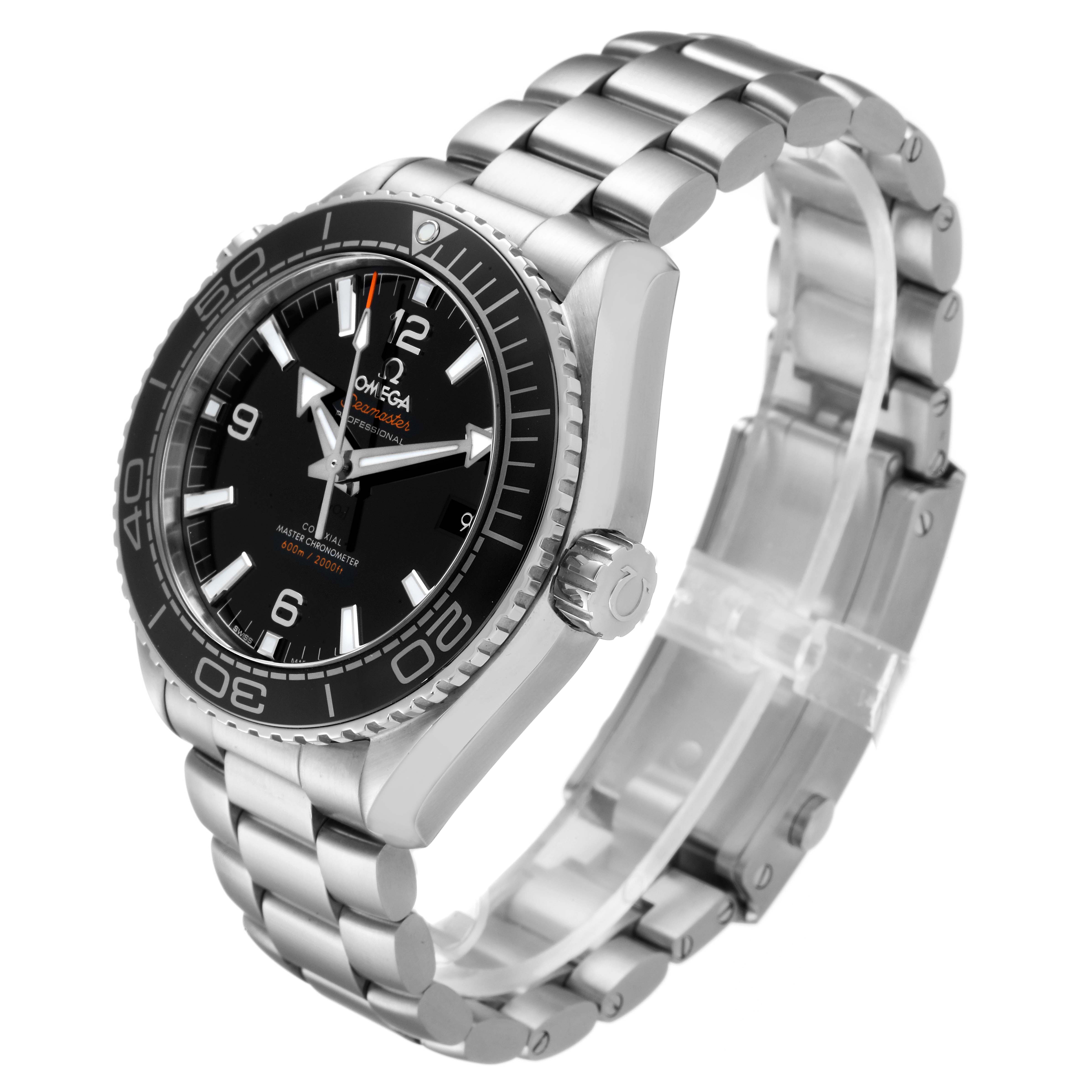 The image shows an Omega Planet Ocean 215.30.44.21.01.001 Men's Stainless Steel Black Dial 215.30.44.21.01.001 Men's Stainless Steel Black Dial watch at a three-quarter angle, highlighting its face, bezel, crown, and metal bracelet.