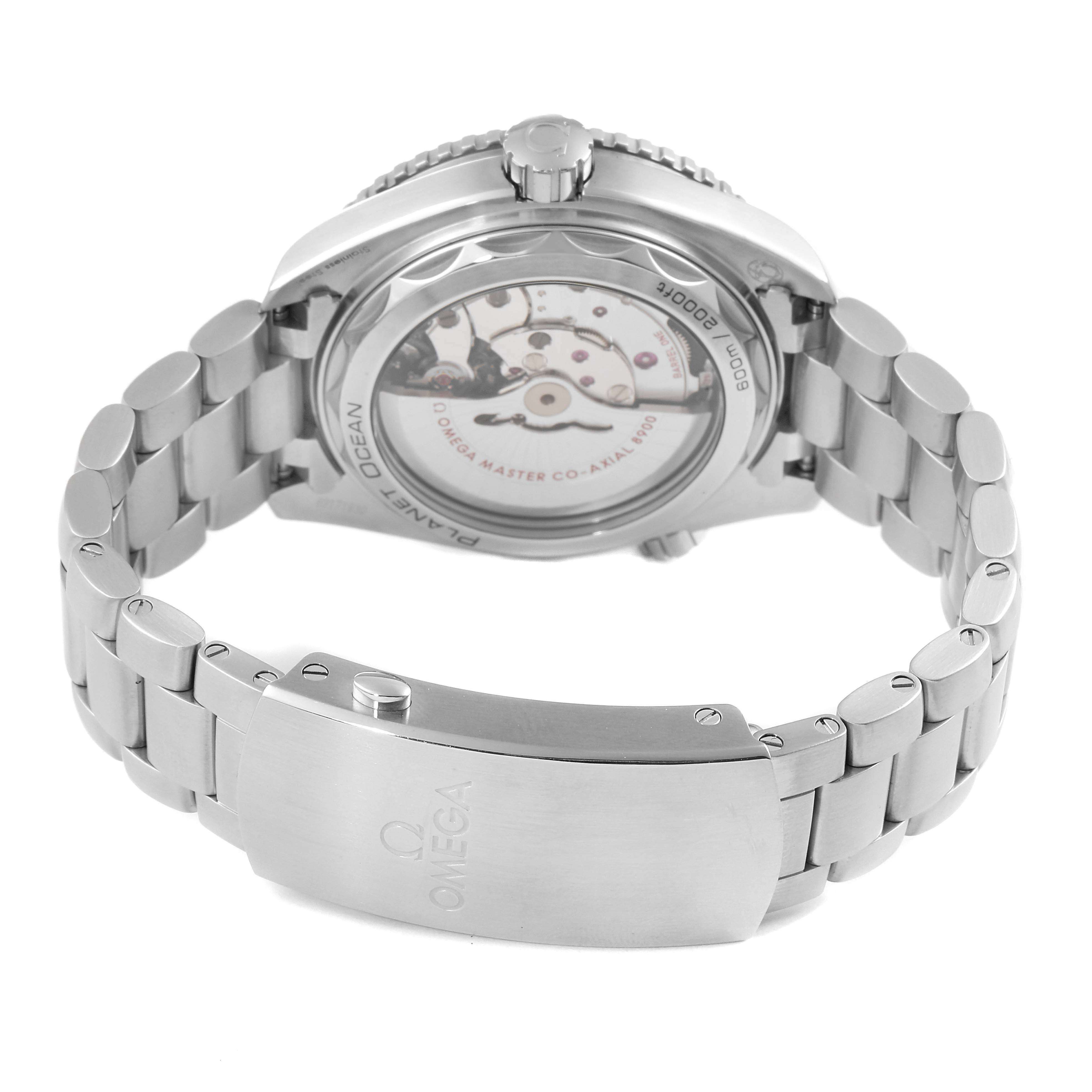 This image shows the back view of the Omega Planet Ocean 215.30.44.21.01.001 Men's Stainless Steel Black Dial 215.30.44.21.01.001 Men's Stainless Steel Black Dial watch, highlighting its stainless steel bracelet and caseback.