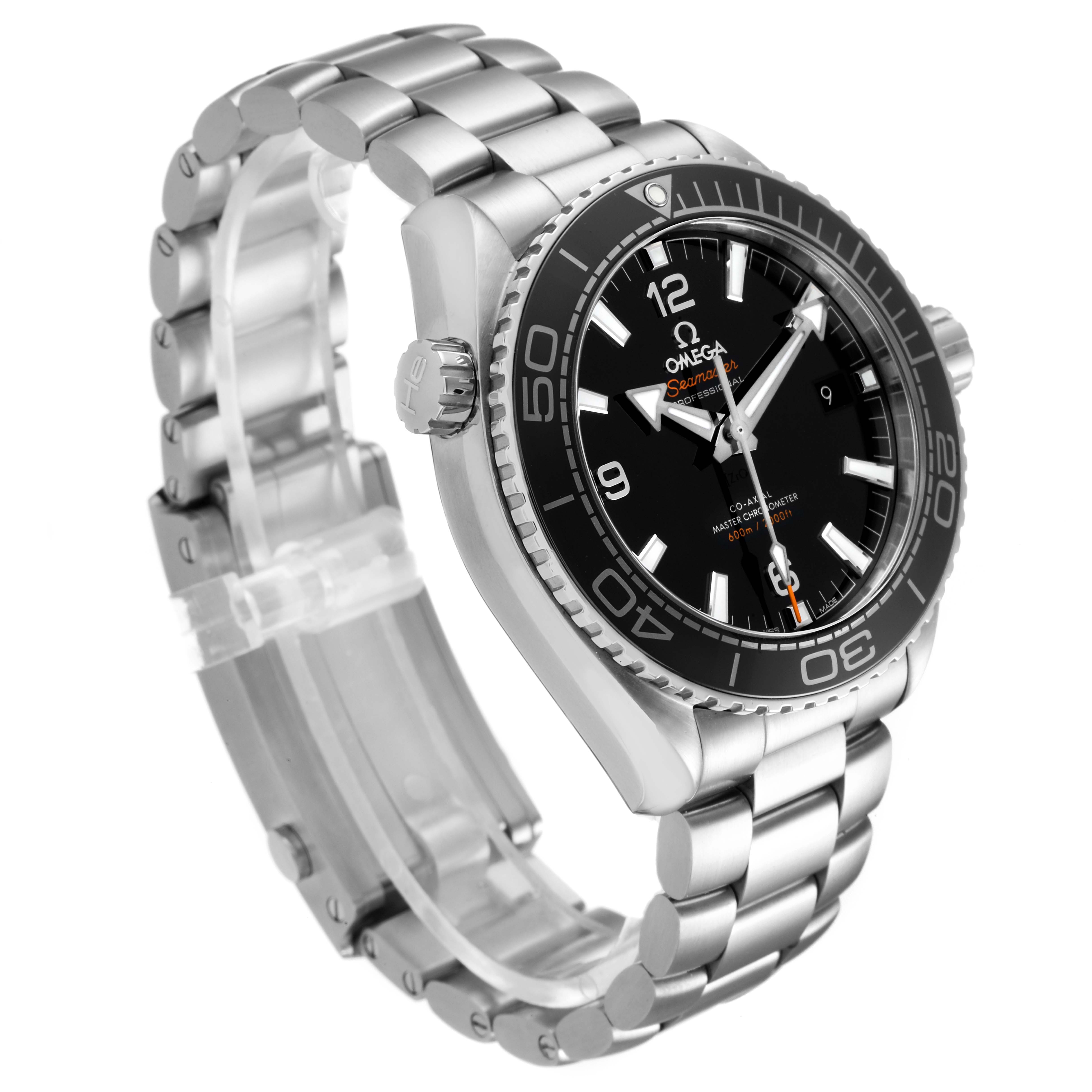 The Omega Planet Ocean 215.30.44.21.01.001 Men's Stainless Steel Black Dial 215.30.44.21.01.001 Men's Stainless Steel Black Dial watch is shown at a three-quarter angle, highlighting its bezel, crown, dial, and metal bracelet.