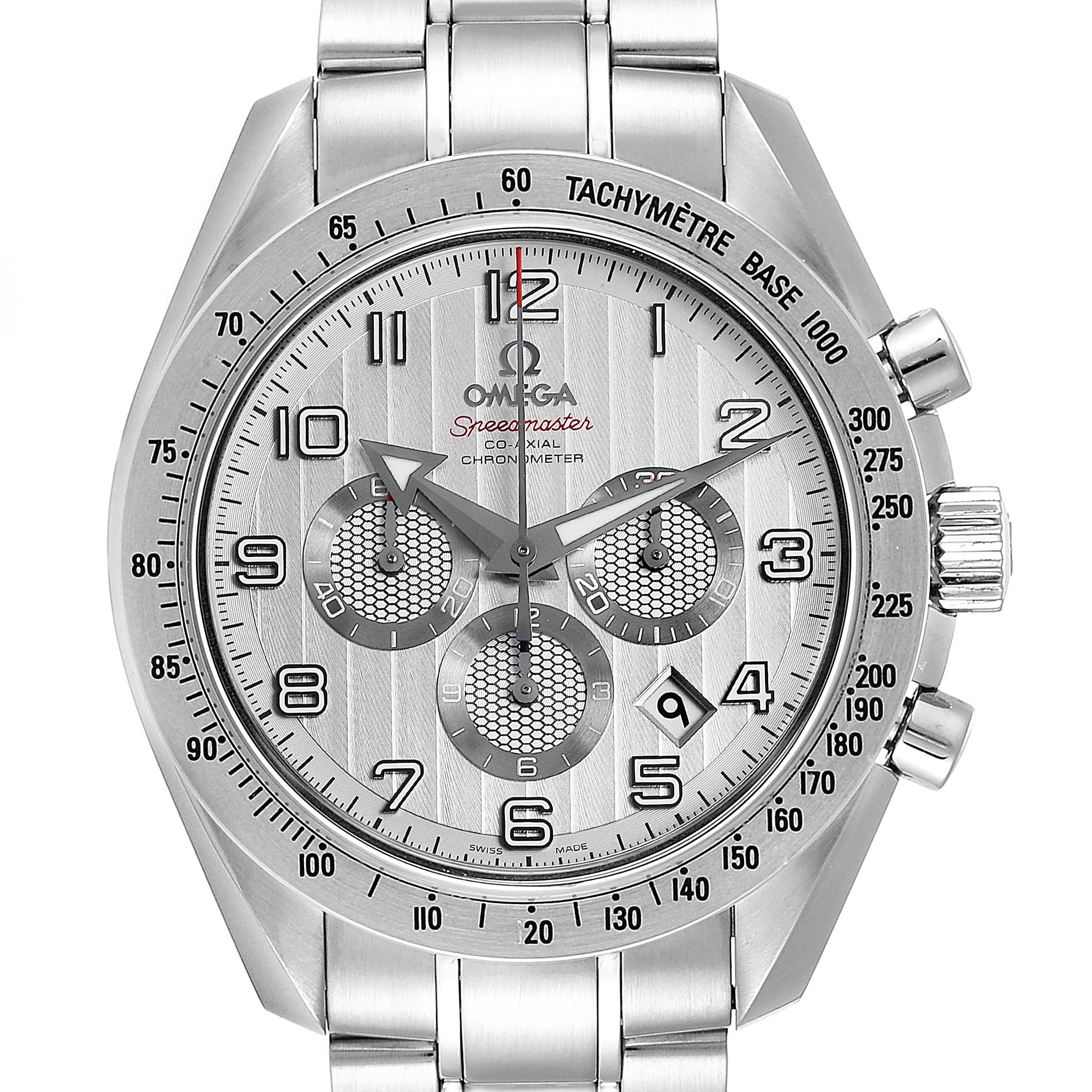 The image shows a front view of the Omega Speedmaster 321.10.44.50.02.001 Men's Stainless Steel Silver Dial 321.10.44.50.02.001 Men's Stainless Steel Silver Dial watch, highlighting its dial, bezel, and bracelet.