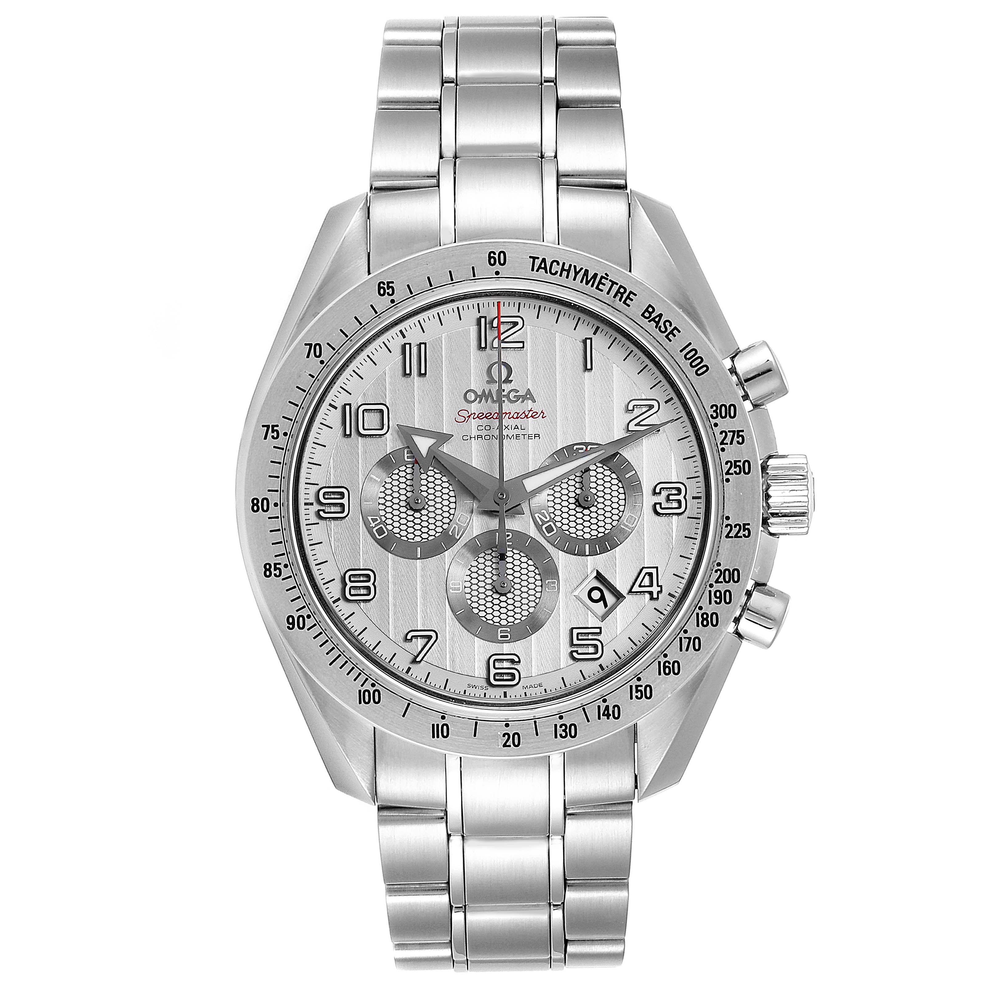 The image shows a frontal view of the Omega Speedmaster 321.10.44.50.02.001 Men's Stainless Steel Silver Dial 321.10.44.50.02.001 Men's Stainless Steel Silver Dial watch, highlighting its dial, bezel, crown, and stainless steel bracelet.