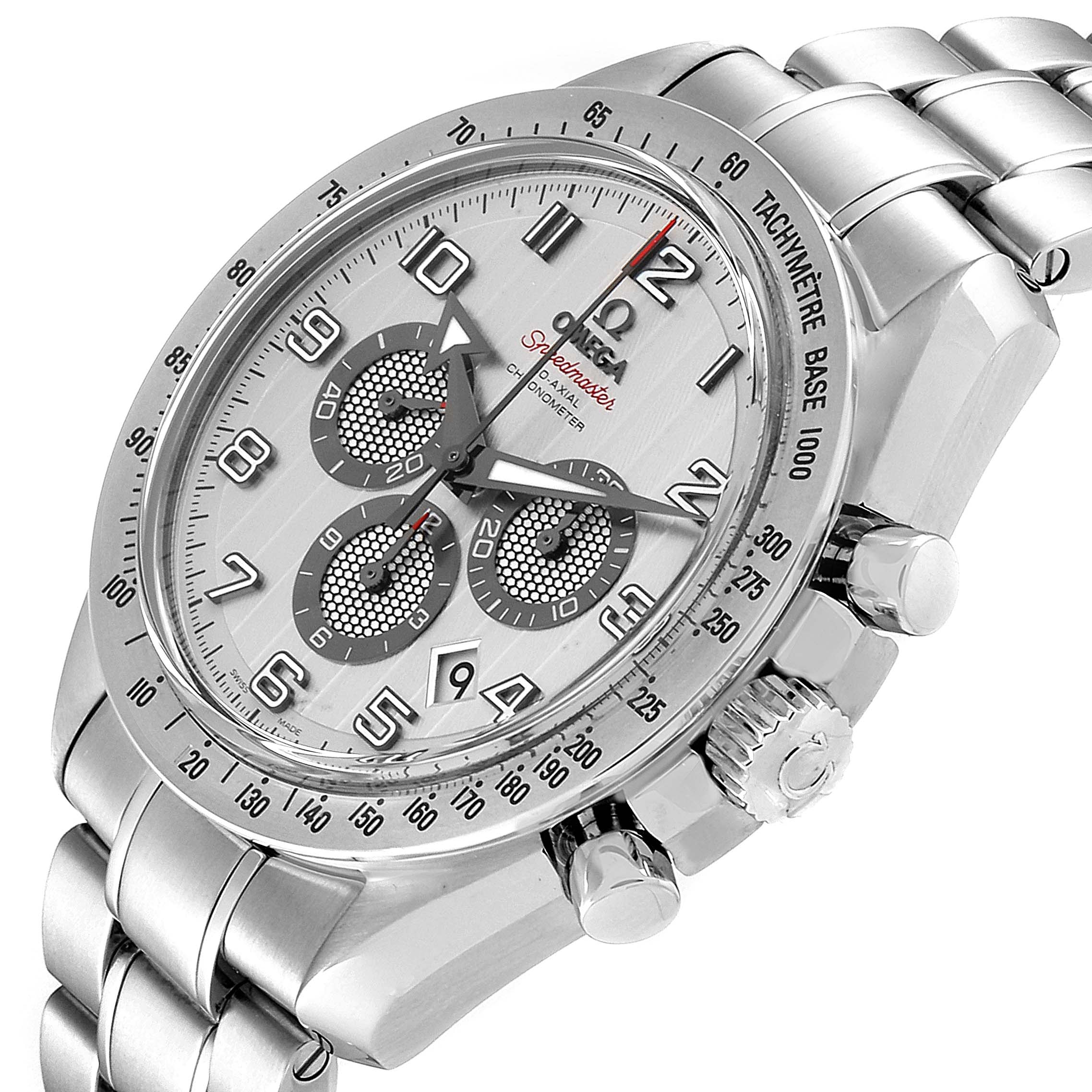 The Omega Speedmaster 321.10.44.50.02.001 Men's Stainless Steel Silver Dial 321.10.44.50.02.001 Men's Stainless Steel Silver Dial watch is shown at a slight angle, highlighting the face, bezel, pushers, and bracelet.