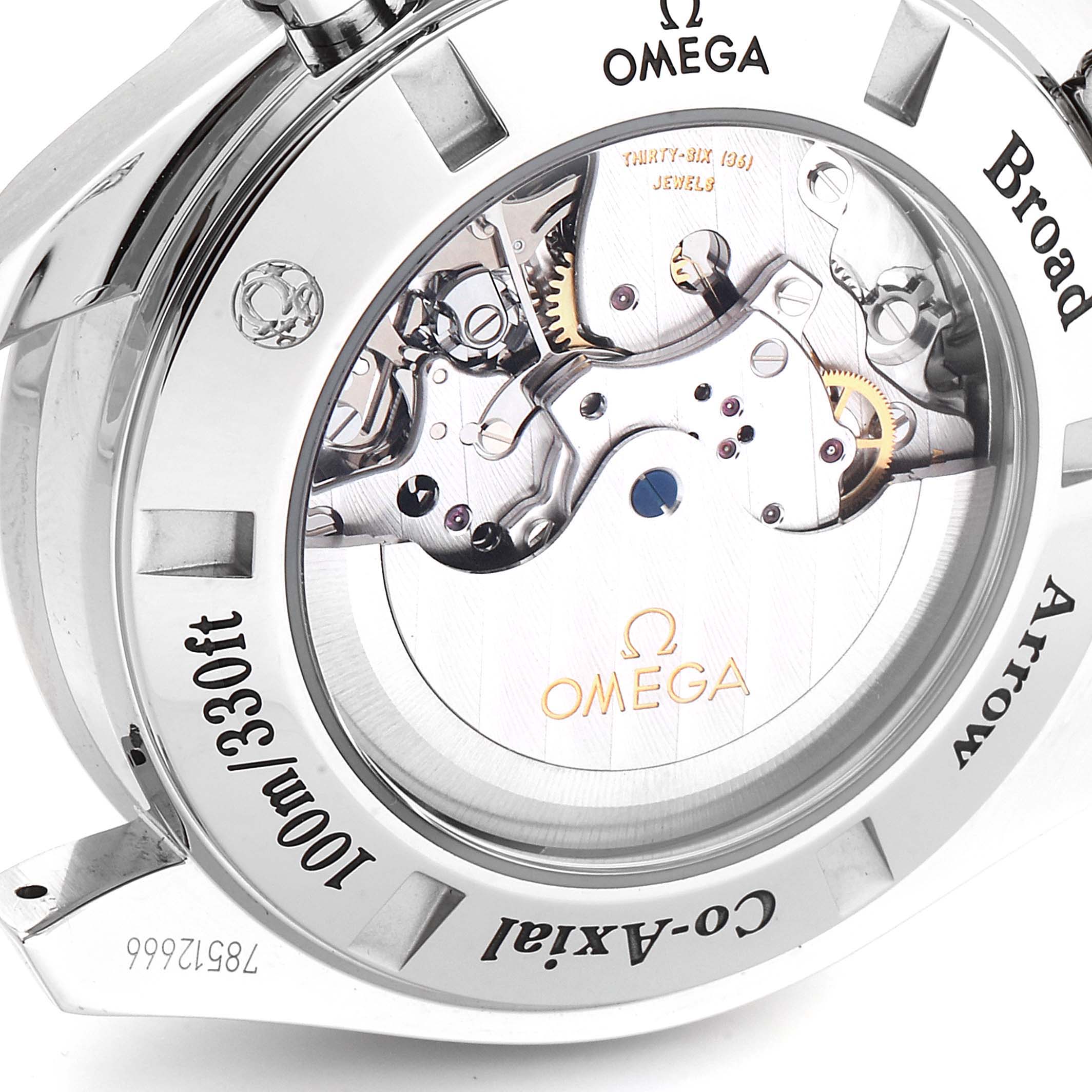 The image shows the back view of the Omega Speedmaster 321.10.44.50.02.001 Men's Stainless Steel Silver Dial 321.10.44.50.02.001 Men's Stainless Steel Silver Dial watch, revealing its internal mechanical movements.