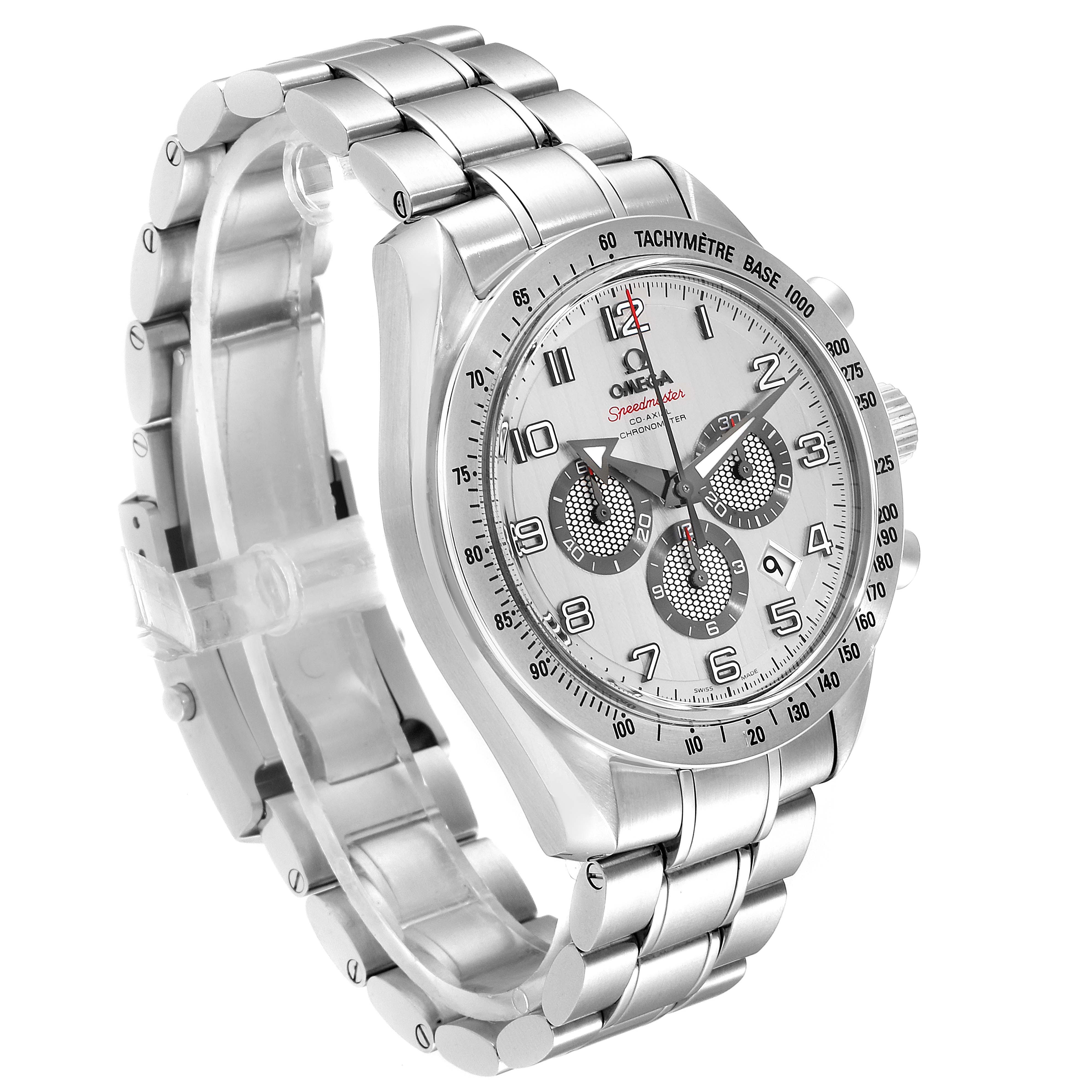 The Omega Speedmaster 321.10.44.50.02.001 Men's Stainless Steel Silver Dial 321.10.44.50.02.001 Men's Stainless Steel Silver Dial watch is shown at an angle highlighting the dial, bezel, and stainless steel bracelet.
