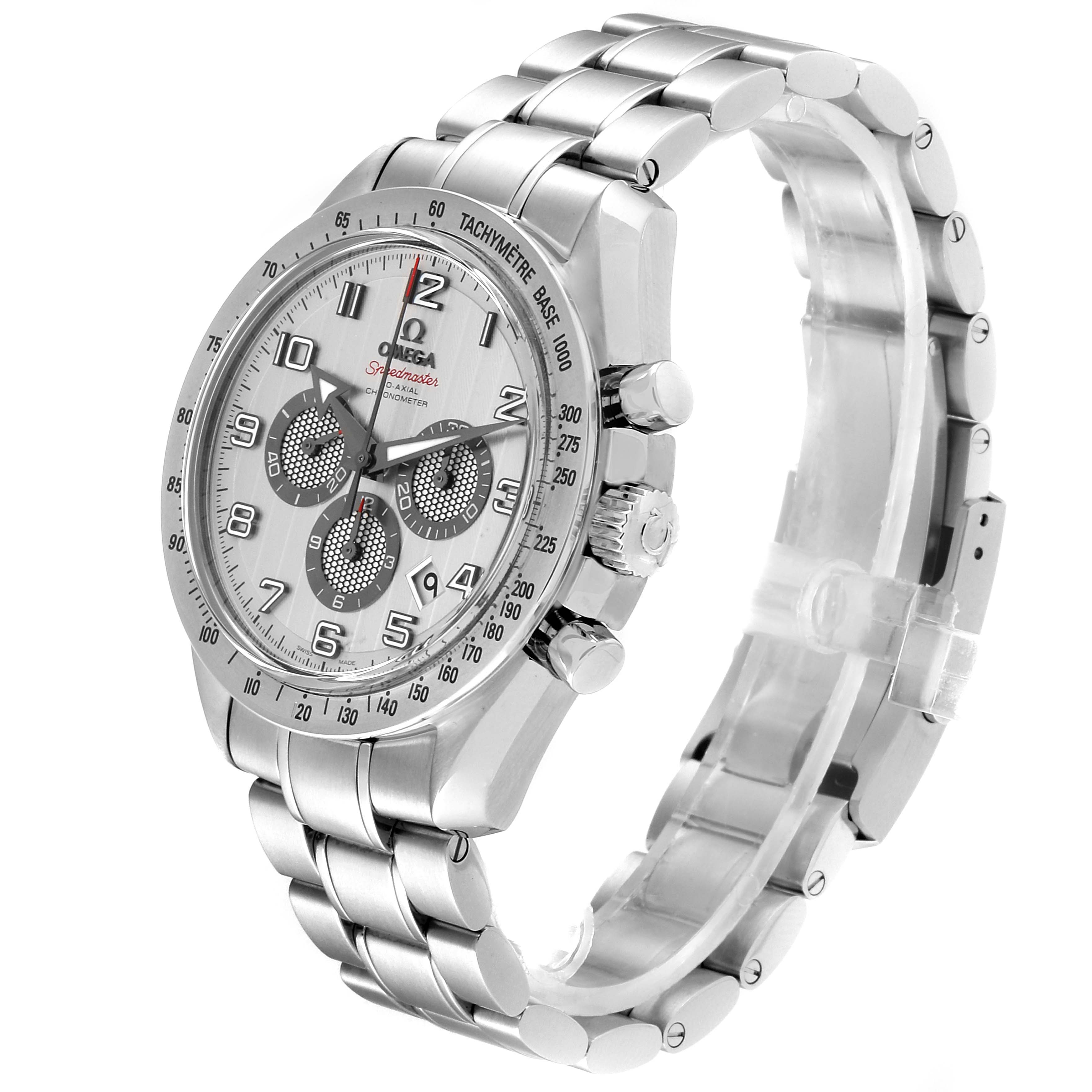 The image shows a side-angle view of an Omega Speedmaster 321.10.44.50.02.001 Men's Stainless Steel Silver Dial 321.10.44.50.02.001 Men's Stainless Steel Silver Dial watch, highlighting its dial, bezel, crown, pushers, and stainless steel bracelet.