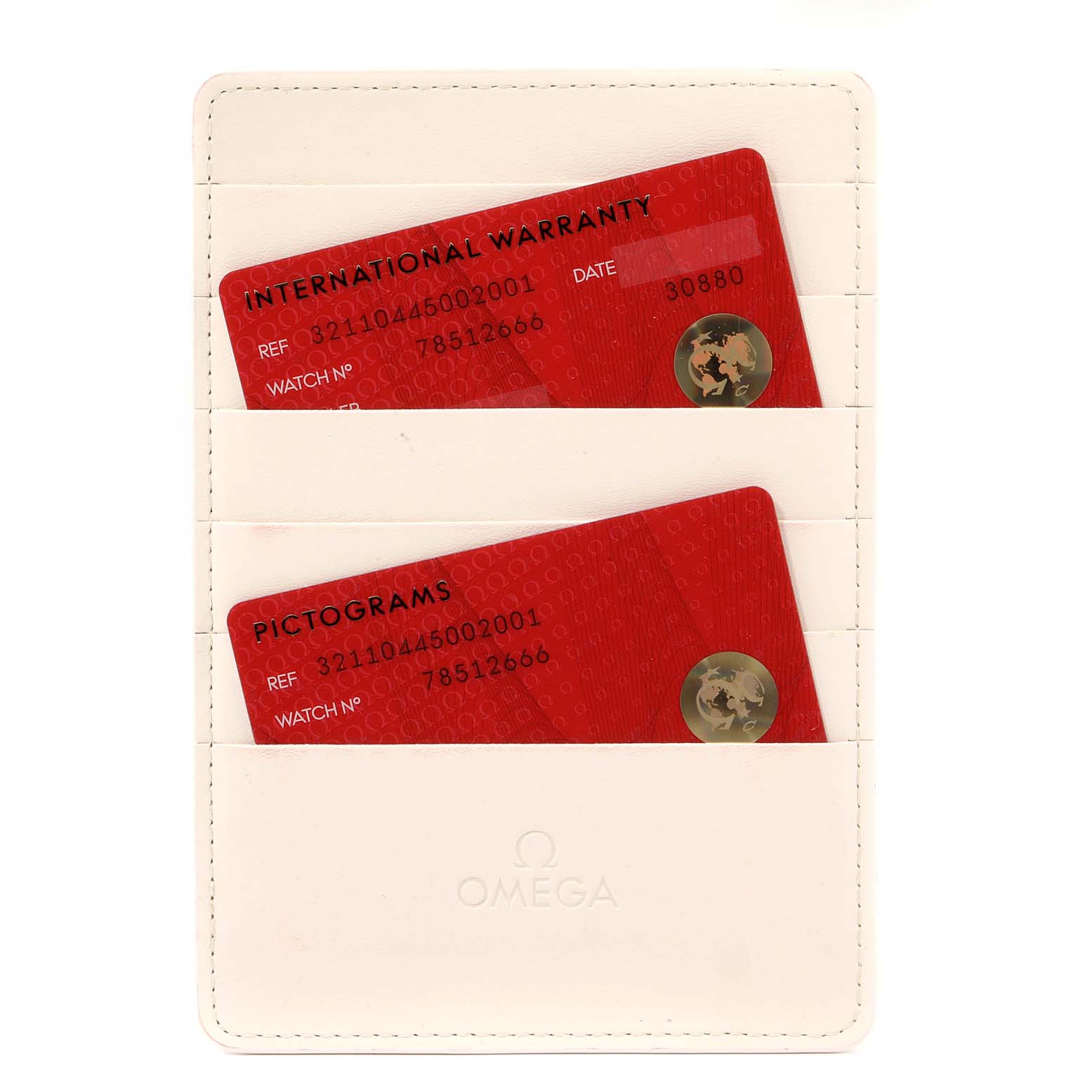 The image shows the international warranty and pictograms cards for an Omega Speedmaster 321.10.44.50.02.001 Men's Stainless Steel Silver Dial 321.10.44.50.02.001 Men's Stainless Steel Silver Dial watch in a white card holder.