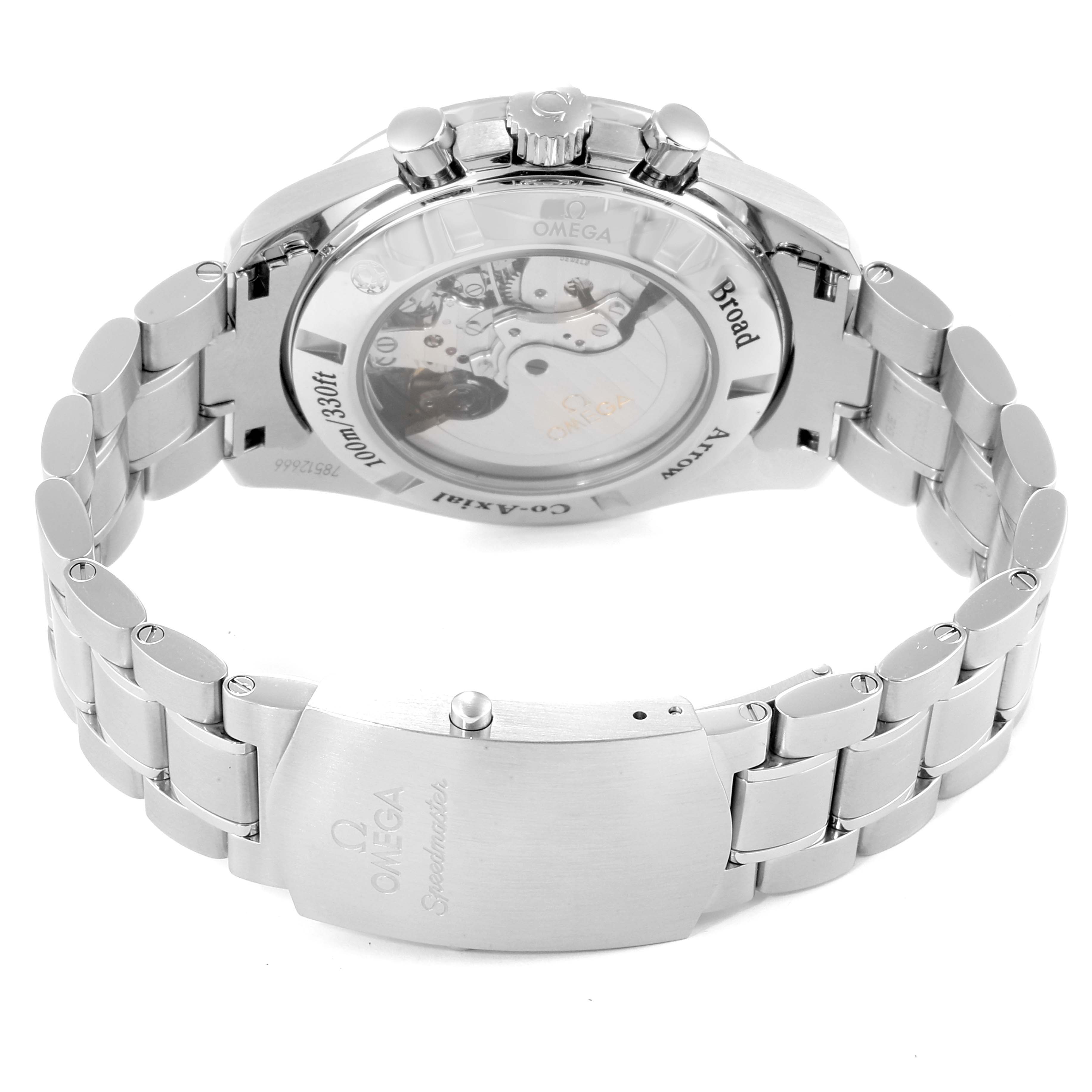 The Omega Speedmaster 321.10.44.50.02.001 Men's Stainless Steel Silver Dial 321.10.44.50.02.001 Men's Stainless Steel Silver Dial watch is shown from the back, featuring the transparent case back and metal bracelet.