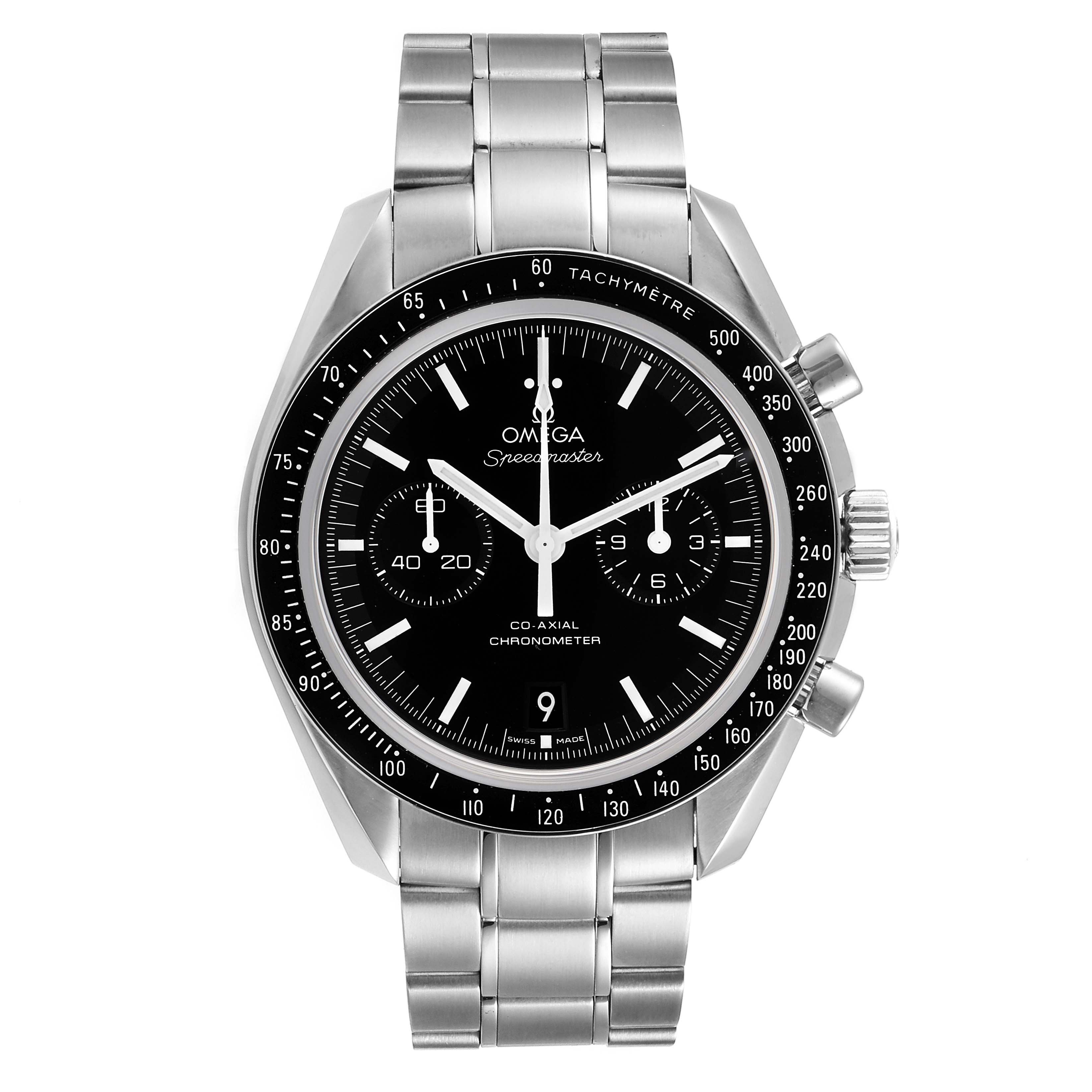 The Omega Speedmaster 311.30.44.51.01.002 Men
s Stainless Steel Black Dial 311.30.44.51.01.002 Men
s Stainless Steel Black Dial watch is shown from a direct front angle, displaying the face, bezel, and bracelet.