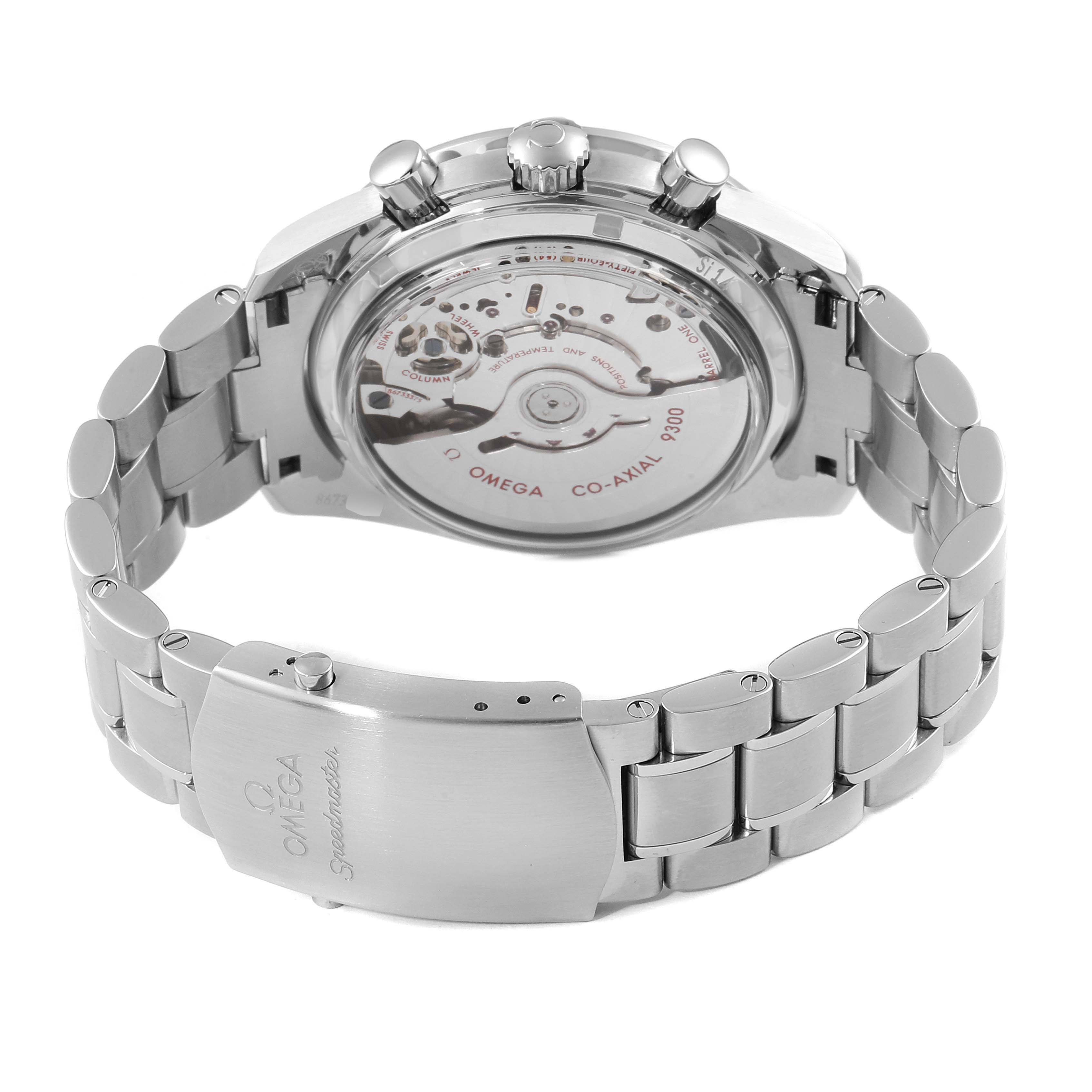 This image shows the back and part of the bracelet of an Omega Speedmaster 311.30.44.51.01.002 Men
s Stainless Steel Black Dial 311.30.44.51.01.002 Men
s Stainless Steel Black Dial watch, highlighting its mechanical movement and clasp.