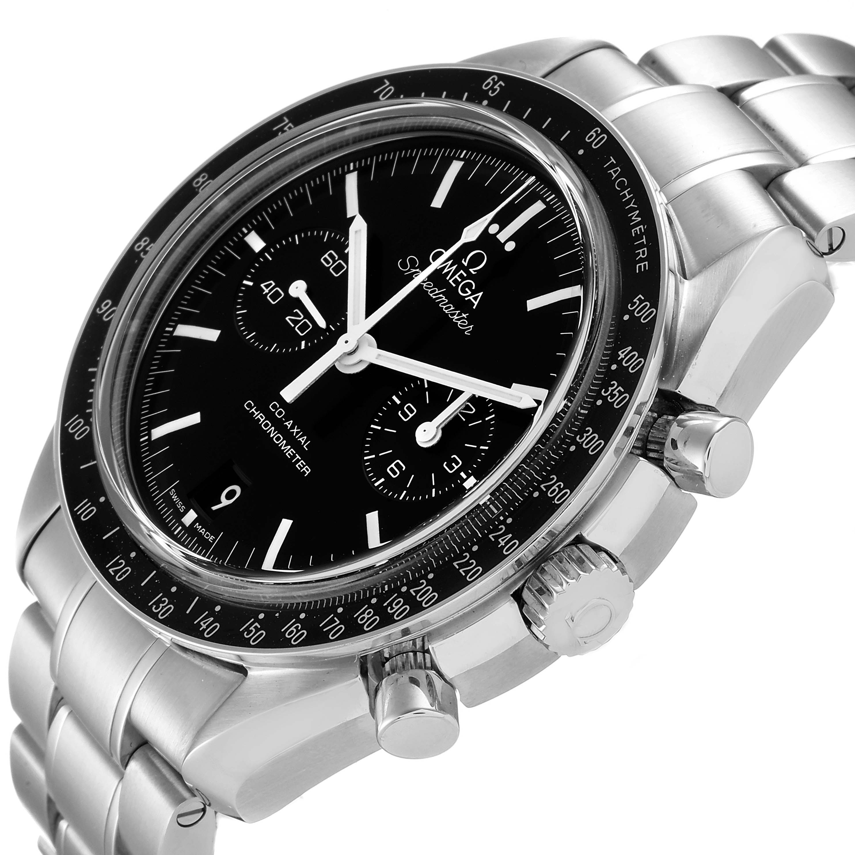 This image shows an Omega Speedmaster 311.30.44.51.01.002 Men
s Stainless Steel Black Dial 311.30.44.51.01.002 Men
s Stainless Steel Black Dial watch at an angled close-up, highlighting the dial, tachymeter bezel, and pushers.