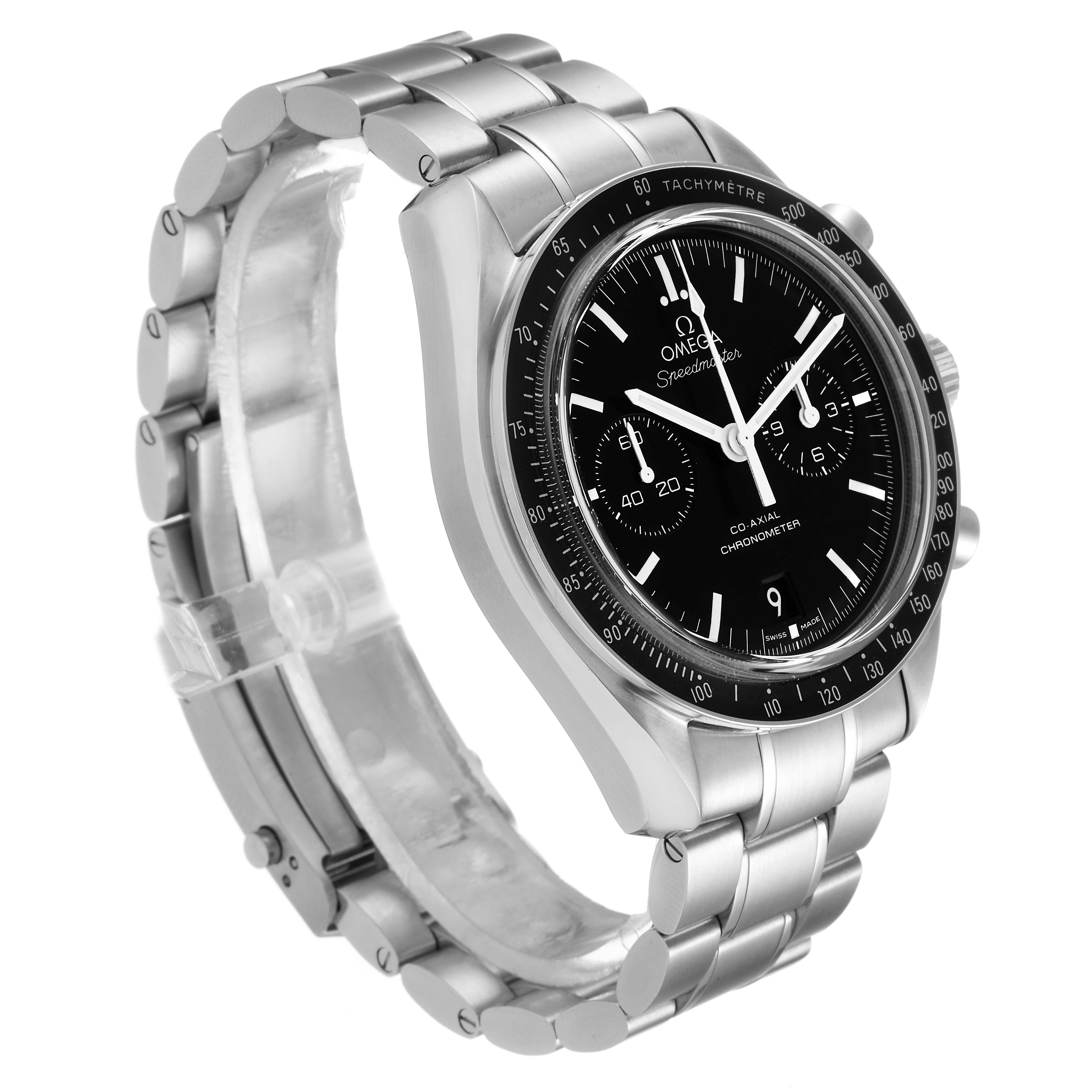 The image shows an Omega Speedmaster 311.30.44.51.01.002 Men
s Stainless Steel Black Dial 311.30.44.51.01.002 Men
s Stainless Steel Black Dial model watch from a 3/4 angle, highlighting its stainless steel bracelet and tachymeter bezel.