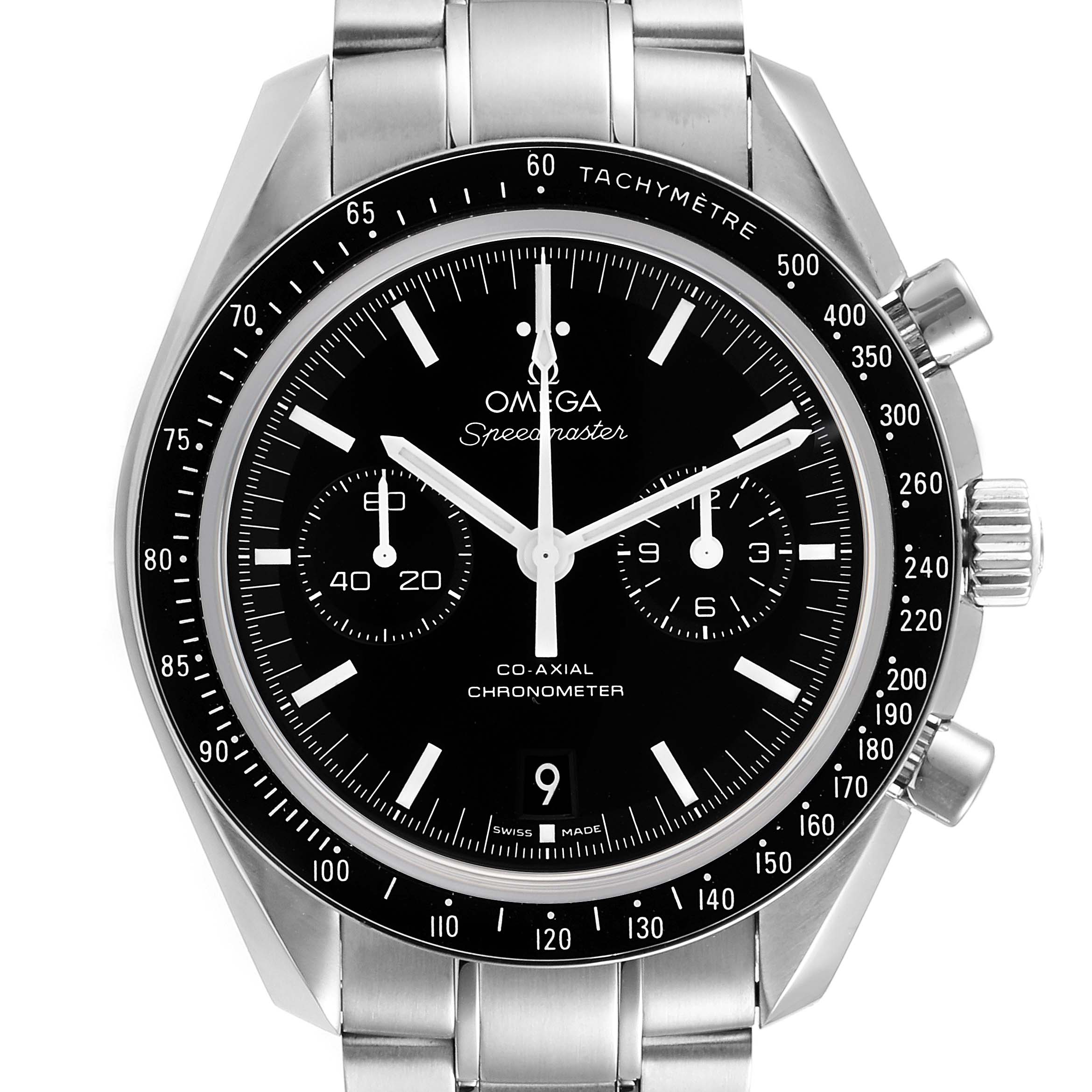 The image shows a front view of an Omega Speedmaster 311.30.44.51.01.002 Men
s Stainless Steel Black Dial 311.30.44.51.01.002 Men
s Stainless Steel Black Dial watch, featuring the dial, sub-dials, crown, and part of the bracelet.