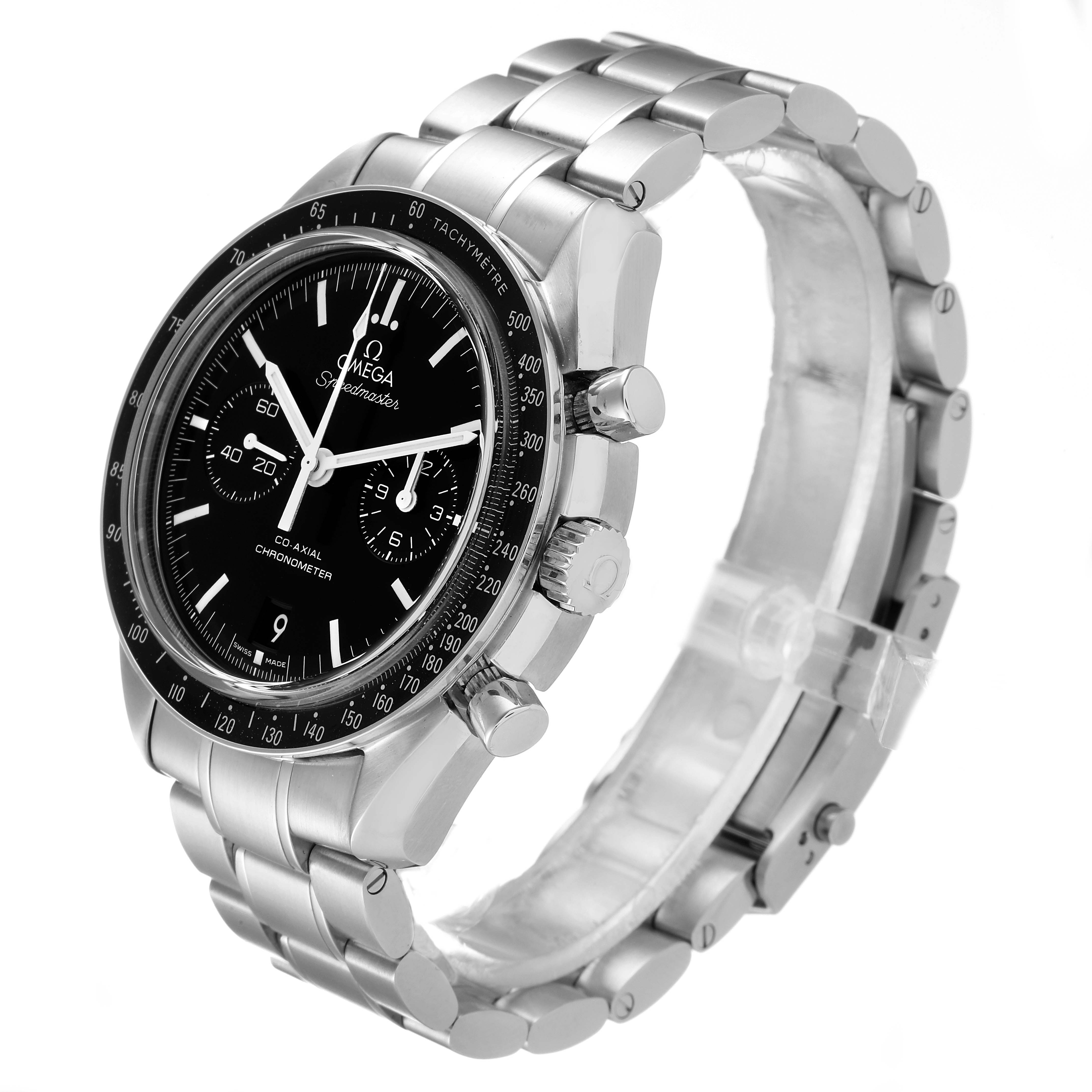 The image shows an angled side view of the Omega Speedmaster 311.30.44.51.01.002 Men
s Stainless Steel Black Dial 311.30.44.51.01.002 Men
s Stainless Steel Black Dial watch, featuring its bracelet, case, and chronograph pushers.