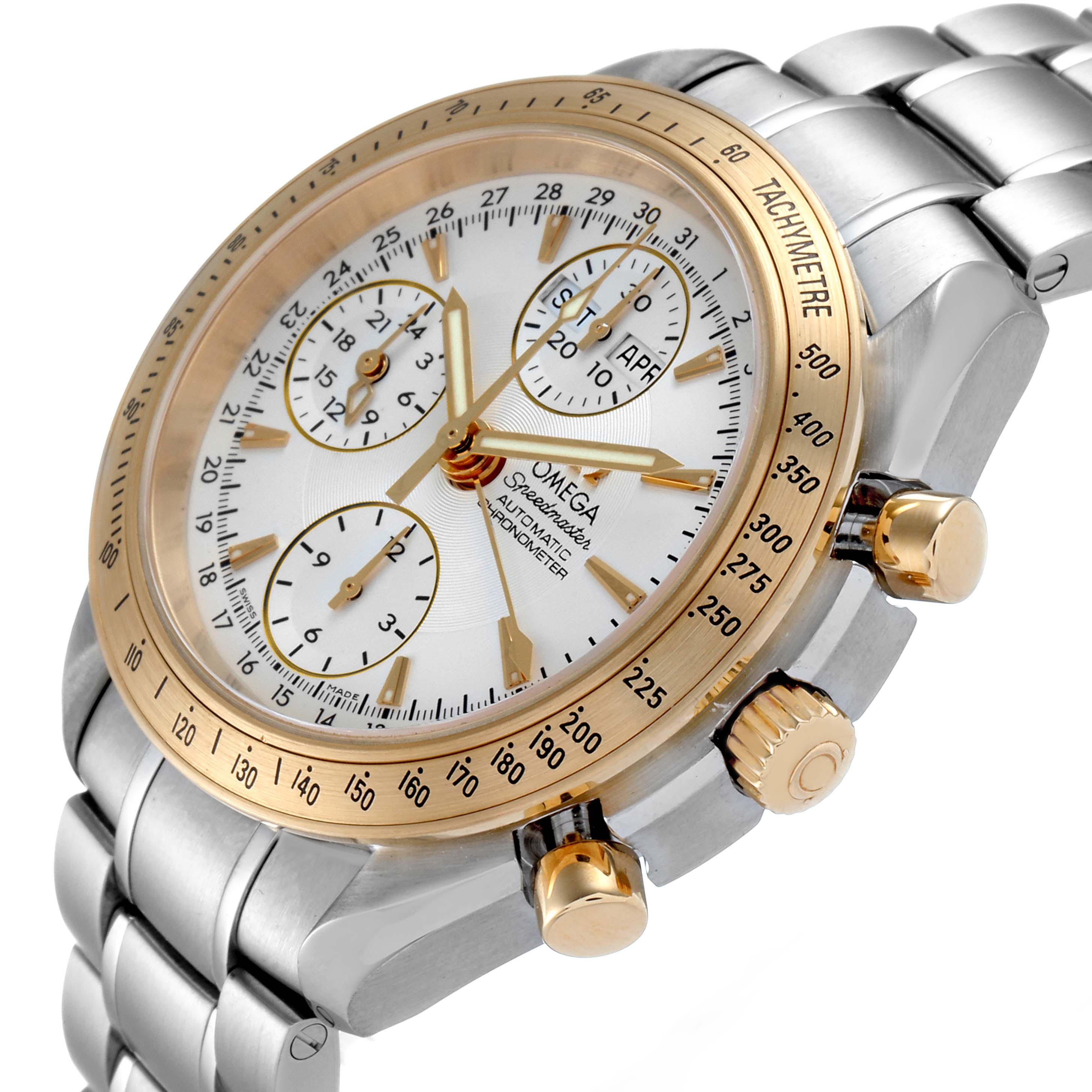 The Omega Speedmaster 323.21.40.44.02.001 Men's Steel and Gold (two tone) Silver Dial 323.21.40.44.02.001 Men's Steel and Gold (two tone) Silver Dial watch is shown at a three-quarters view highlighting the dial, bezel, pushers, and bracelet.