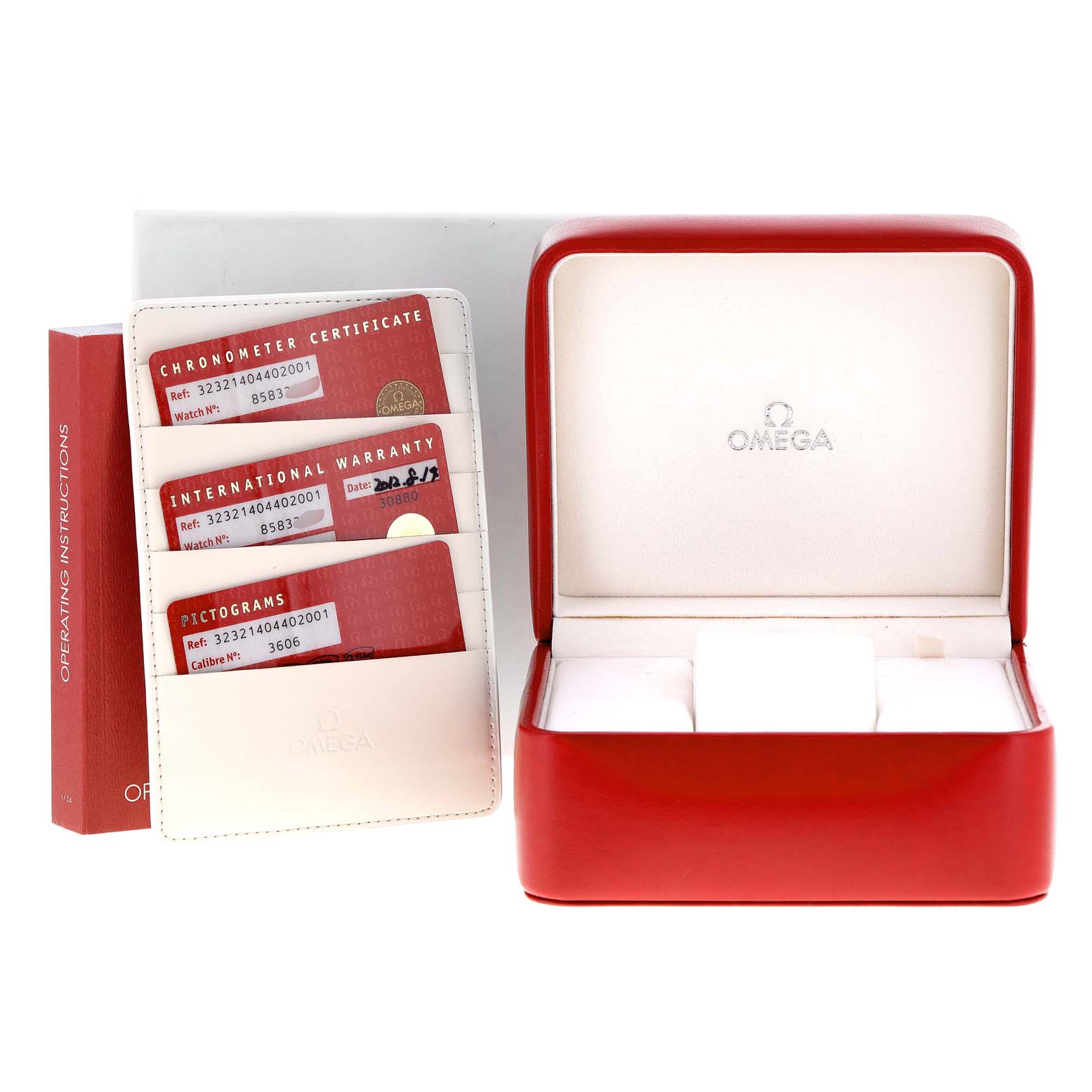 The image shows a red Omega Speedmaster 323.21.40.44.02.001 Men's Steel and Gold (two tone) Silver Dial 323.21.40.44.02.001 Men's Steel and Gold (two tone) Silver Dial watch box with operating instructions and warranty cards displayed at an angle.