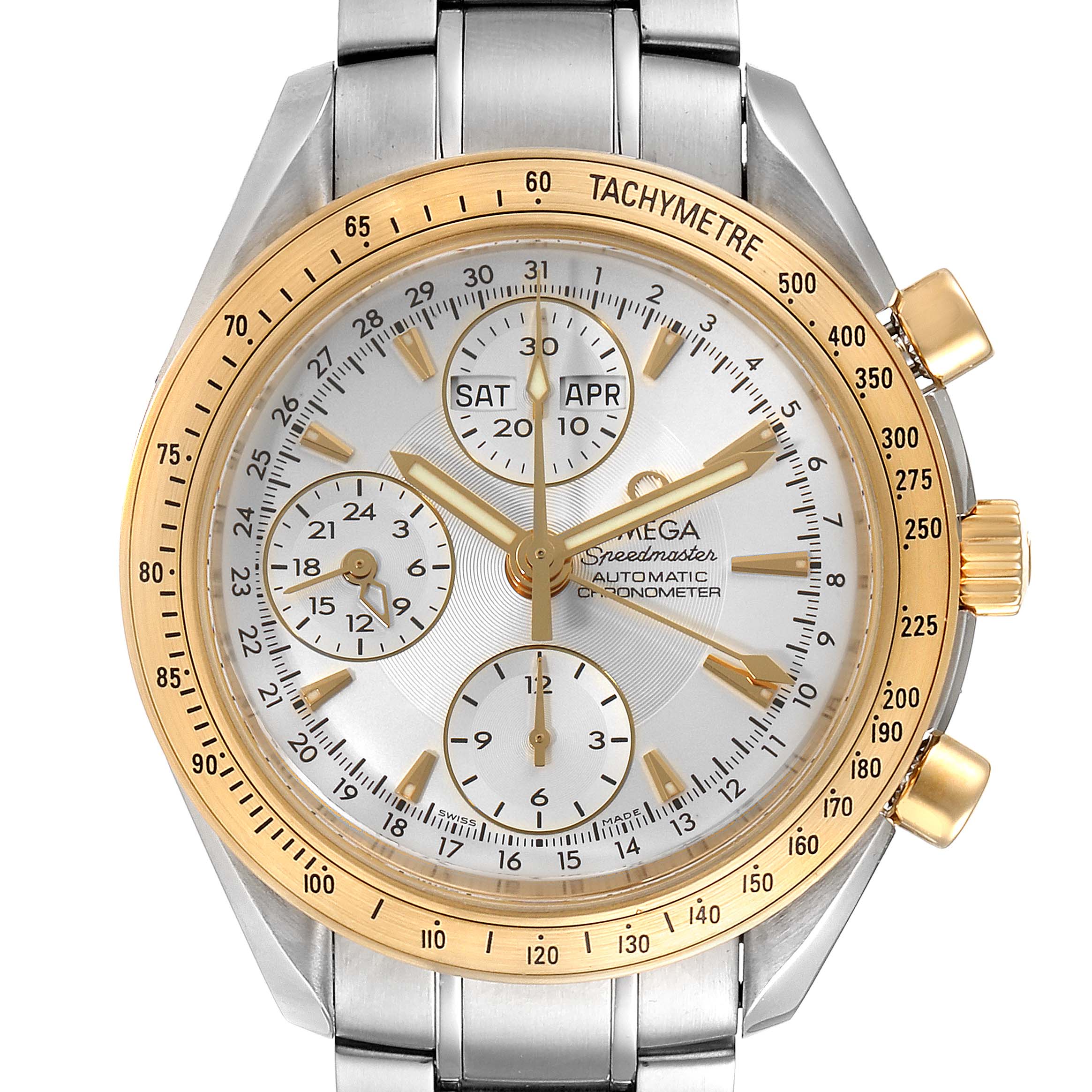 The Omega Speedmaster 323.21.40.44.02.001 Men's Steel and Gold (two tone) Silver Dial 323.21.40.44.02.001 Men's Steel and Gold (two tone) Silver Dial watch shown is viewed from the front, highlighting its dial, bezel, and bracelet.