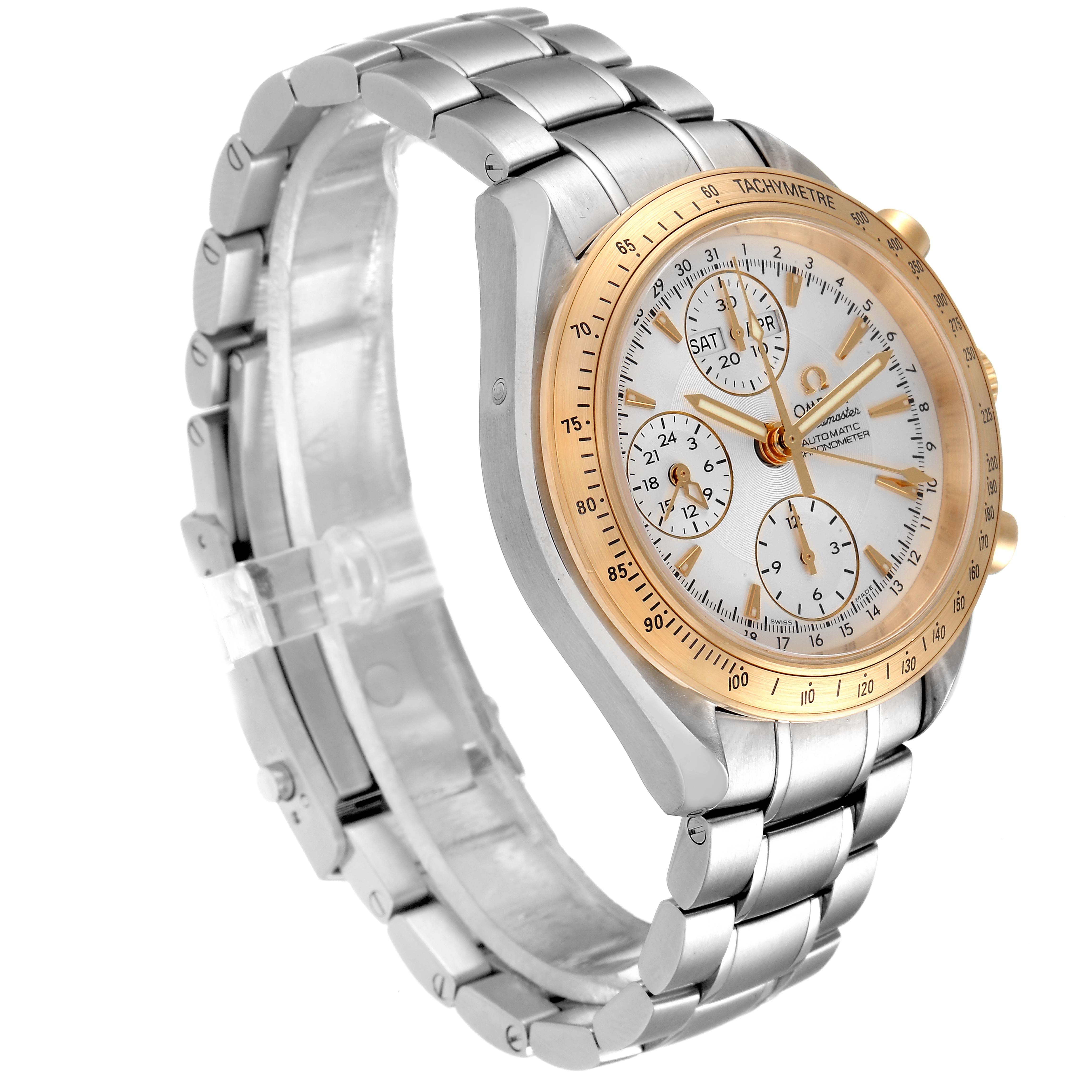 This Omega Speedmaster 323.21.40.44.02.001 Men's Steel and Gold (two tone) Silver Dial 323.21.40.44.02.001 Men's Steel and Gold (two tone) Silver Dial watch is shown from a slight side angle, highlighting the watch face, bezel, and metal bracelet.