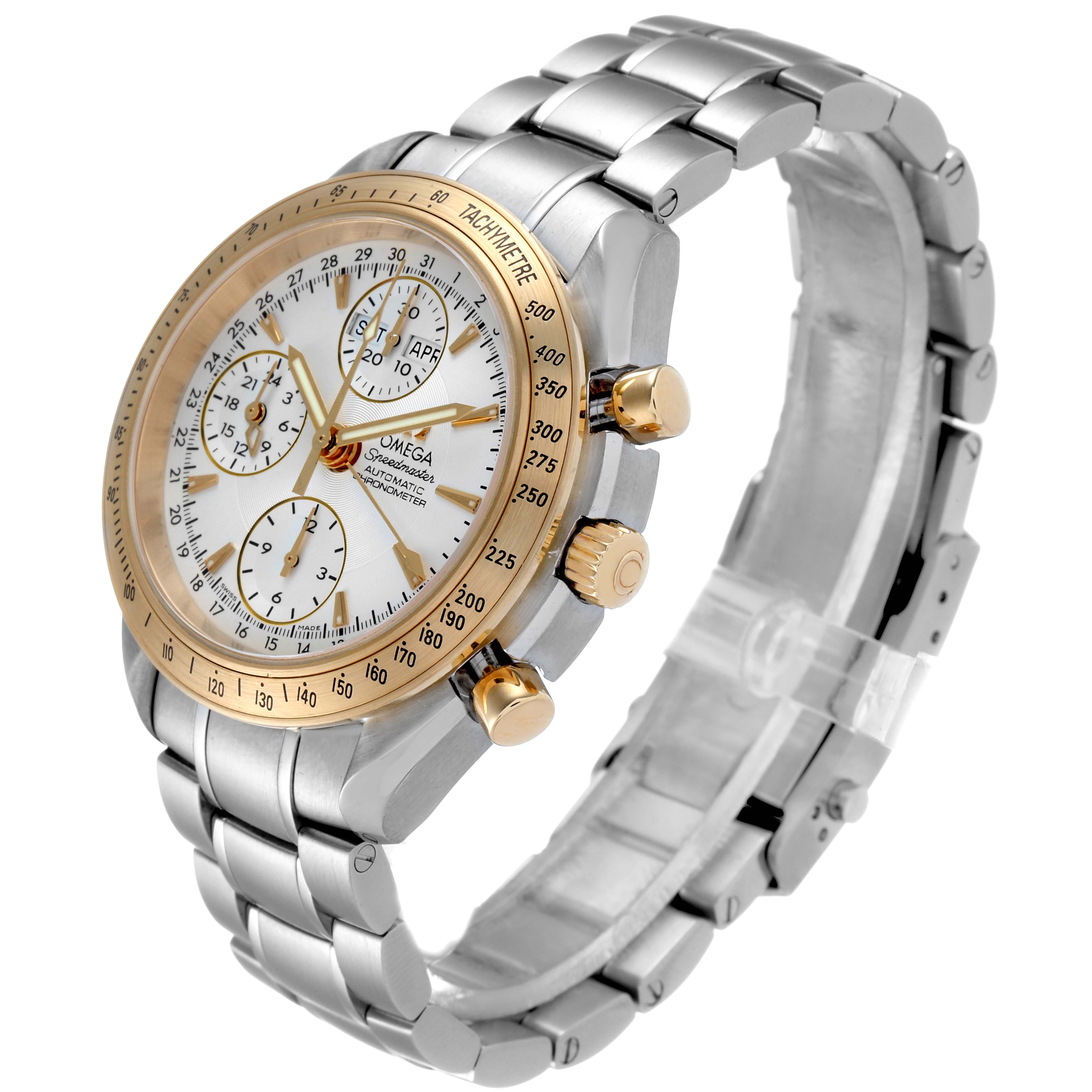 The Omega Speedmaster 323.21.40.44.02.001 Men's Steel and Gold (two tone) Silver Dial 323.21.40.44.02.001 Men's Steel and Gold (two tone) Silver Dial watch is shown in an angled side view highlighting its bezel, dial, subdials, crown, pushers, and metal bracelet.