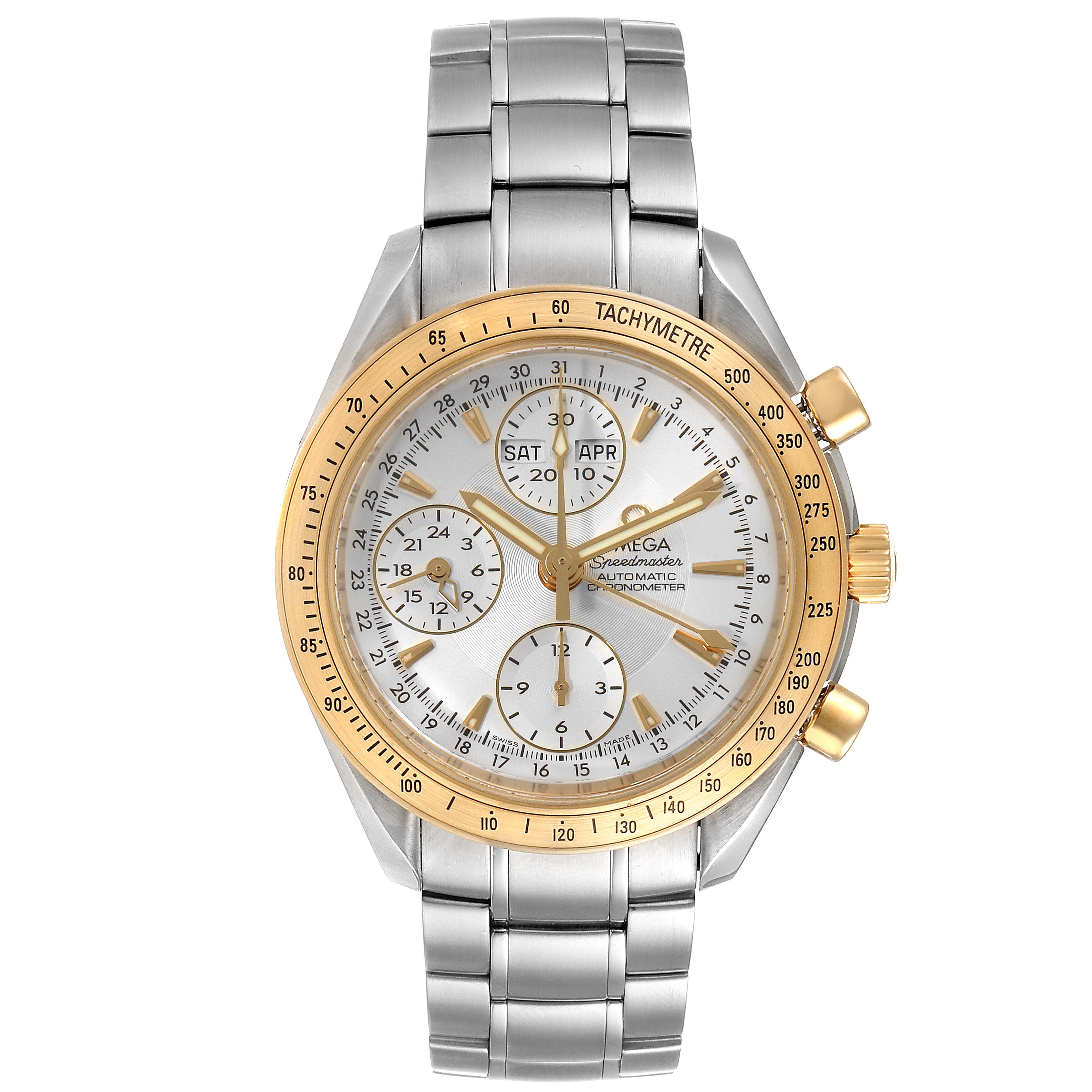 The image shows a frontal view of an Omega Speedmaster 323.21.40.44.02.001 Men's Steel and Gold (two tone) Silver Dial 323.21.40.44.02.001 Men's Steel and Gold (two tone) Silver Dial watch, highlighting the face, dial, bracelet, and tachymeter bezel.