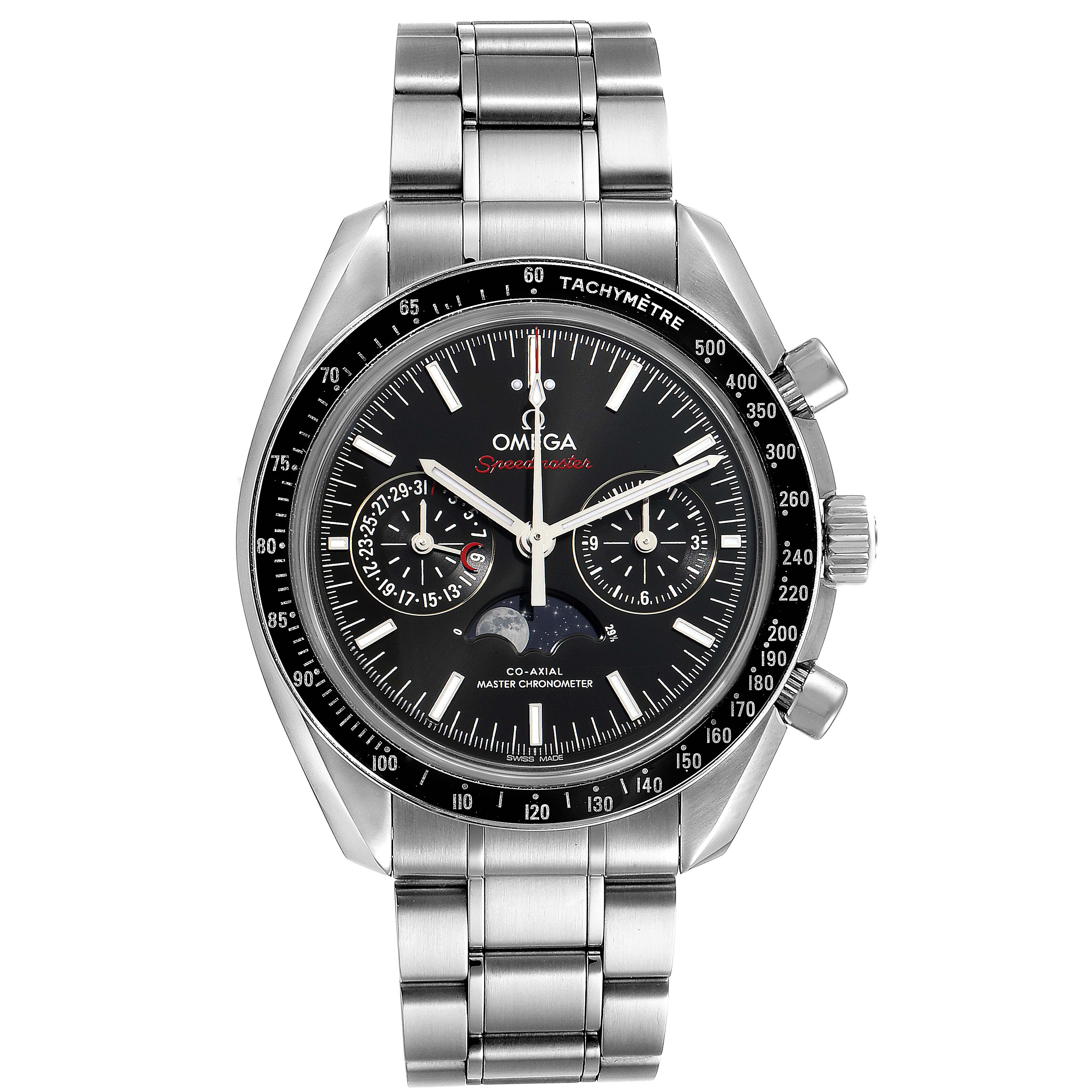 The Omega Speedmaster 304.30.44.52.01.001 Men
s Stainless Steel Black Dial 304.30.44.52.01.001 Men
s Stainless Steel Black Dial watch is shown from a front angle, displaying its face, tachymeter bezel, and stainless steel bracelet.