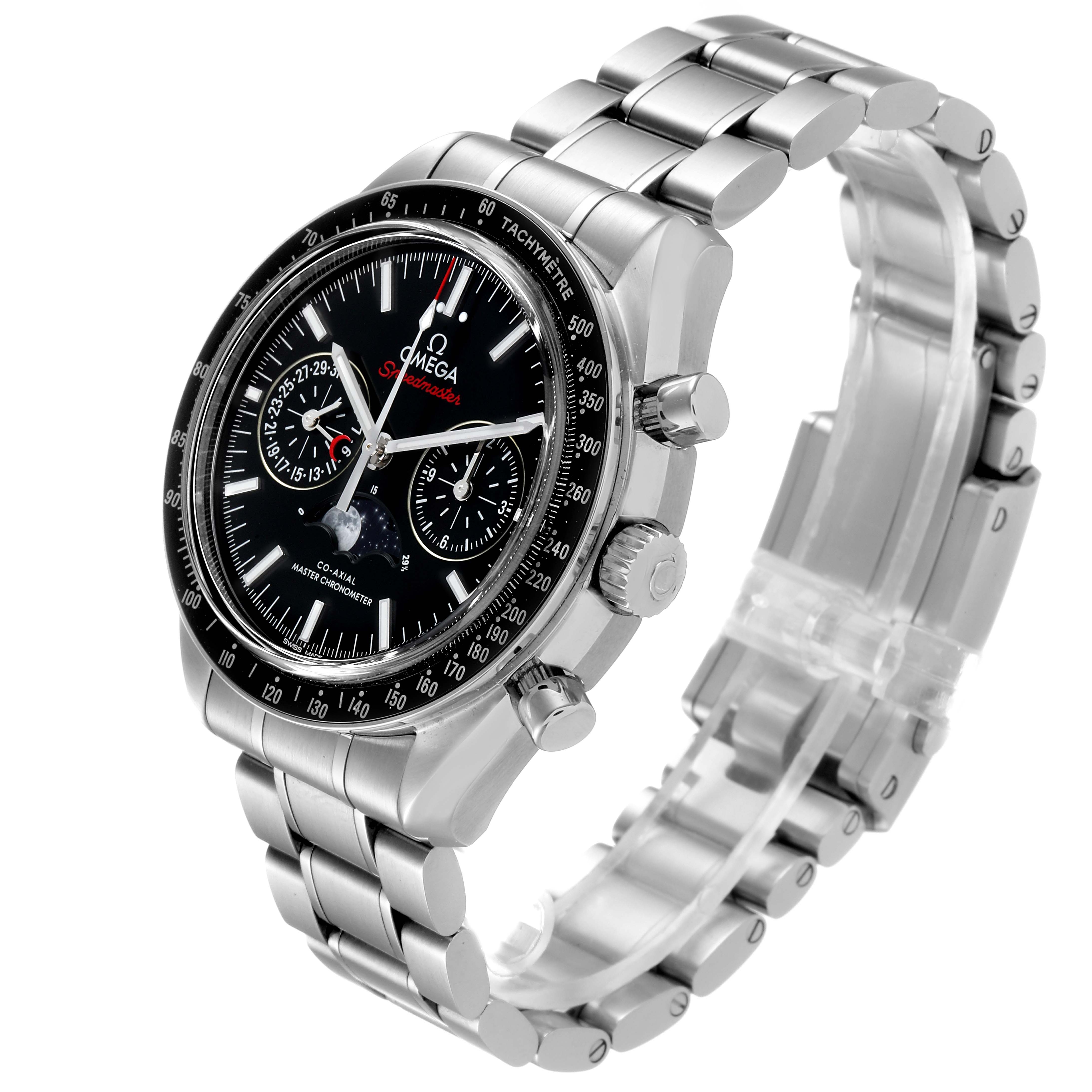 The Omega Speedmaster 304.30.44.52.01.001 Men
s Stainless Steel Black Dial 304.30.44.52.01.001 Men
s Stainless Steel Black Dial watch is shown at a three-quarter angle displaying its face, bezel, crown, and stainless steel bracelet.