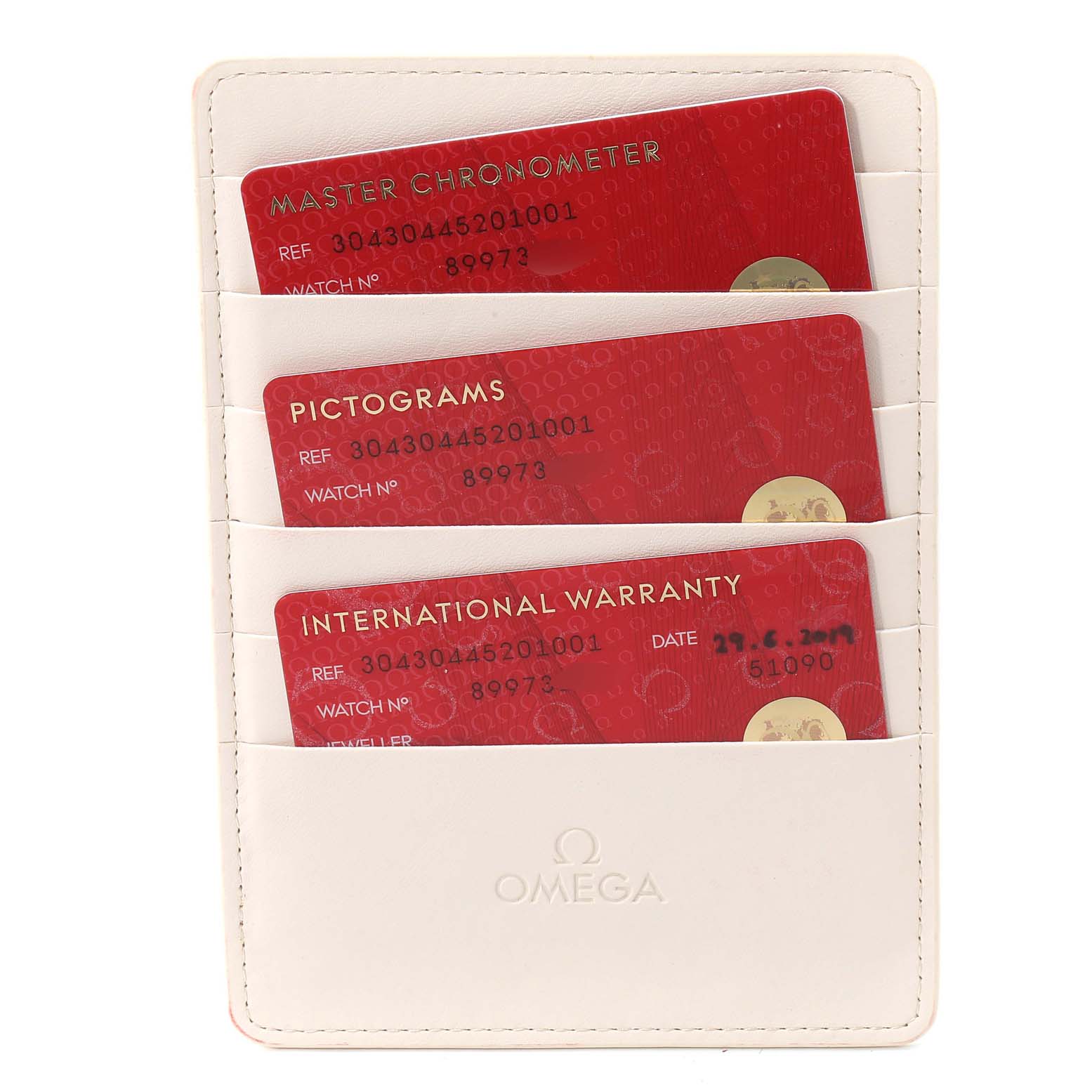 This image shows warranty and certification cards for an Omega Speedmaster 304.30.44.52.01.001 Men
s Stainless Steel Black Dial 304.30.44.52.01.001 Men
s Stainless Steel Black Dial, displayed in a white cardholder.