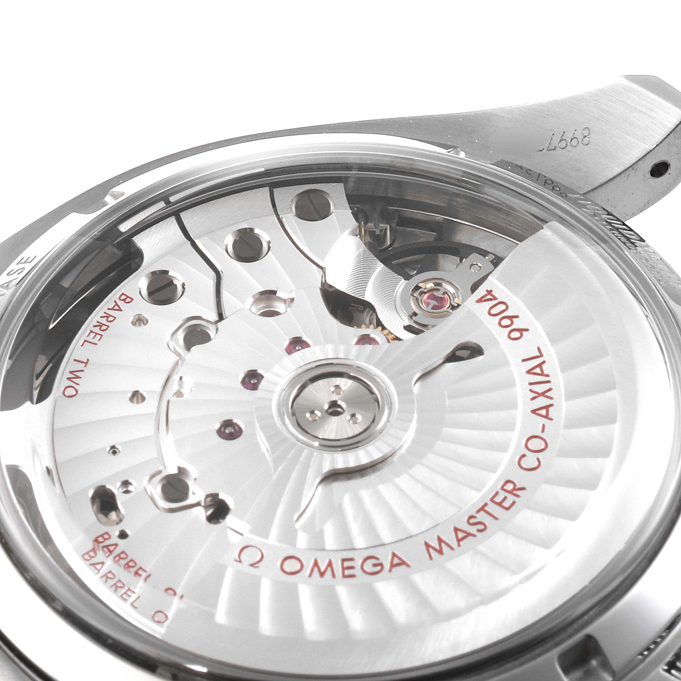 The image shows the back view of an Omega Speedmaster 304.30.44.52.01.001 Men
s Stainless Steel Black Dial 304.30.44.52.01.001 Men
s Stainless Steel Black Dial watch, highlighting its Master Co-Axial 9904 movement.