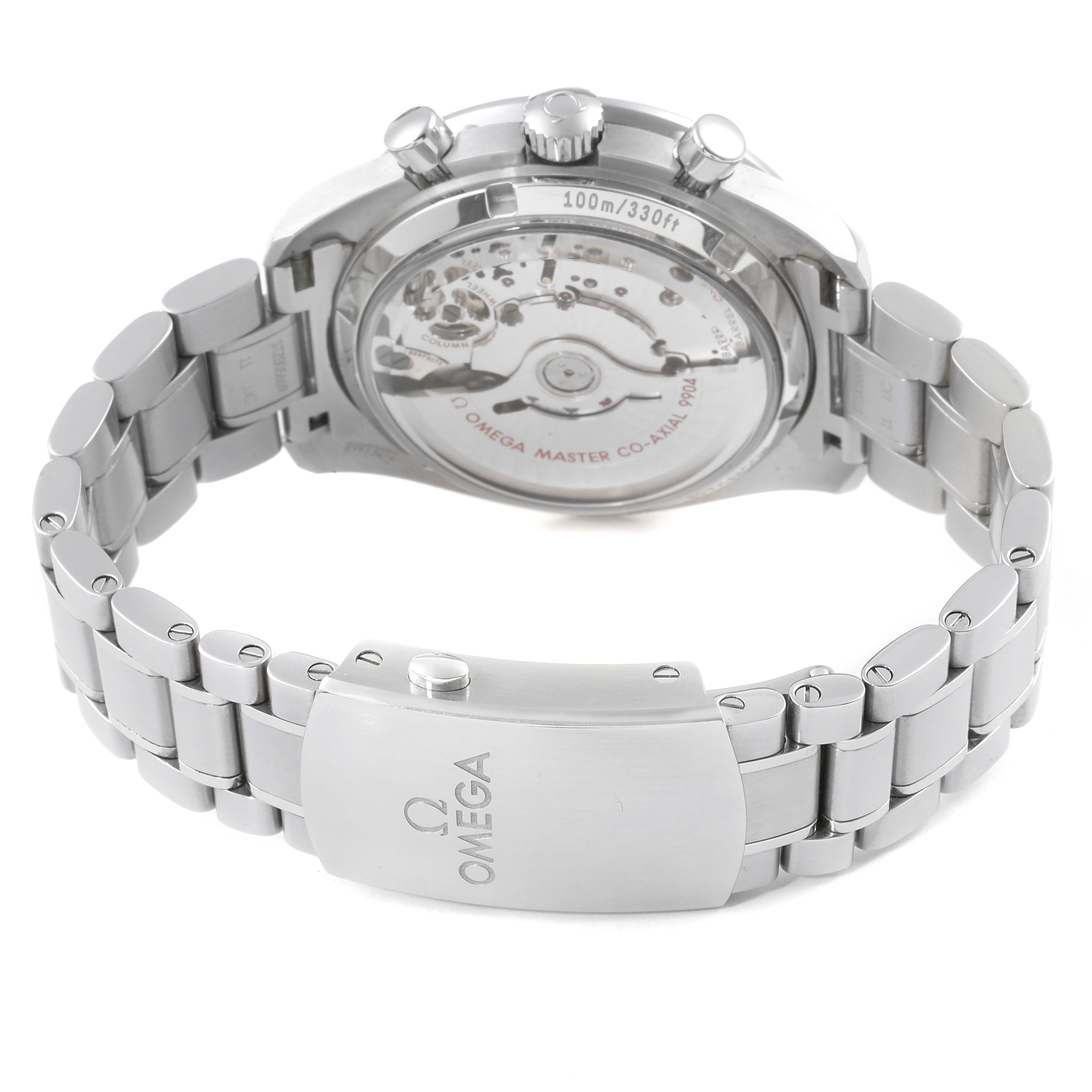 The image shows the back view of an Omega Speedmaster 304.30.44.52.01.001 Men
s Stainless Steel Black Dial 304.30.44.52.01.001 Men
s Stainless Steel Black Dial watch, highlighting its movement, bracelet, and clasp.