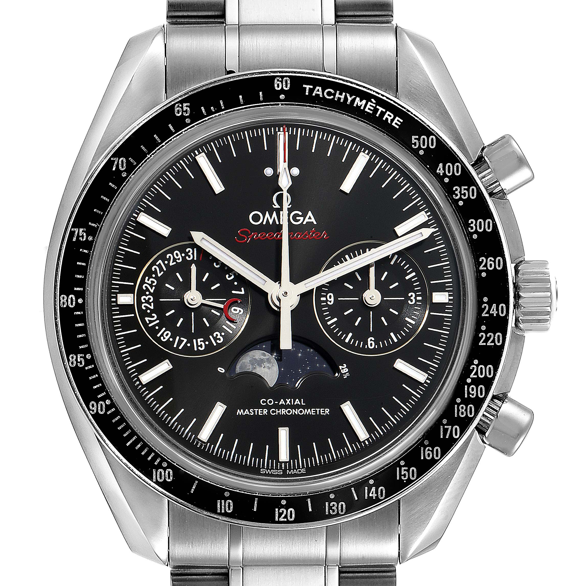 The image shows a front view of an Omega Speedmaster 304.30.44.52.01.001 Men
s Stainless Steel Black Dial 304.30.44.52.01.001 Men
s Stainless Steel Black Dial watch, highlighting its black dial and tachymeter bezel.