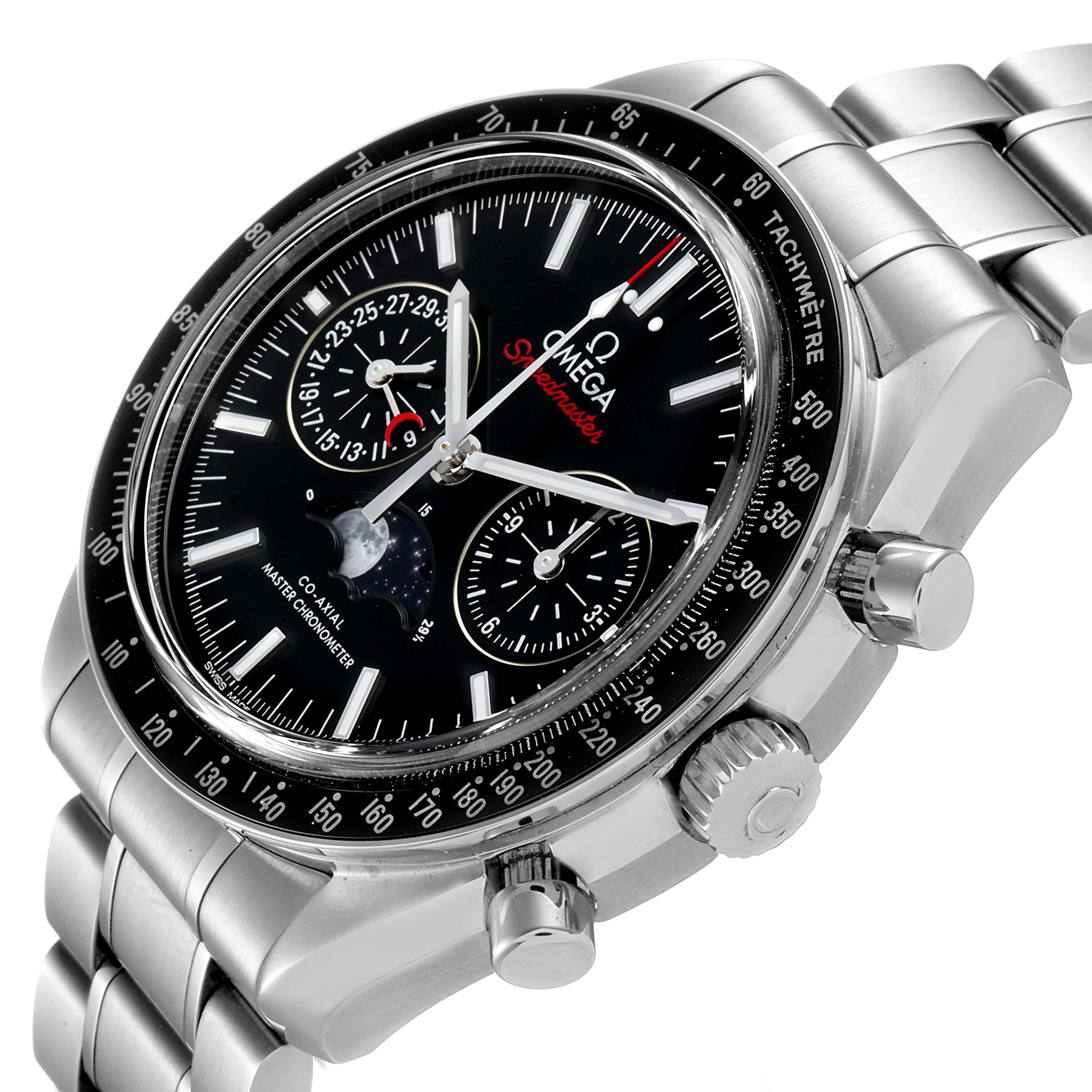 The image shows an angled view of the Omega Speedmaster 304.30.44.52.01.001 Men
s Stainless Steel Black Dial 304.30.44.52.01.001 Men
s Stainless Steel Black Dial watch highlighting its face, bezel, crown, and stainless steel bracelet.