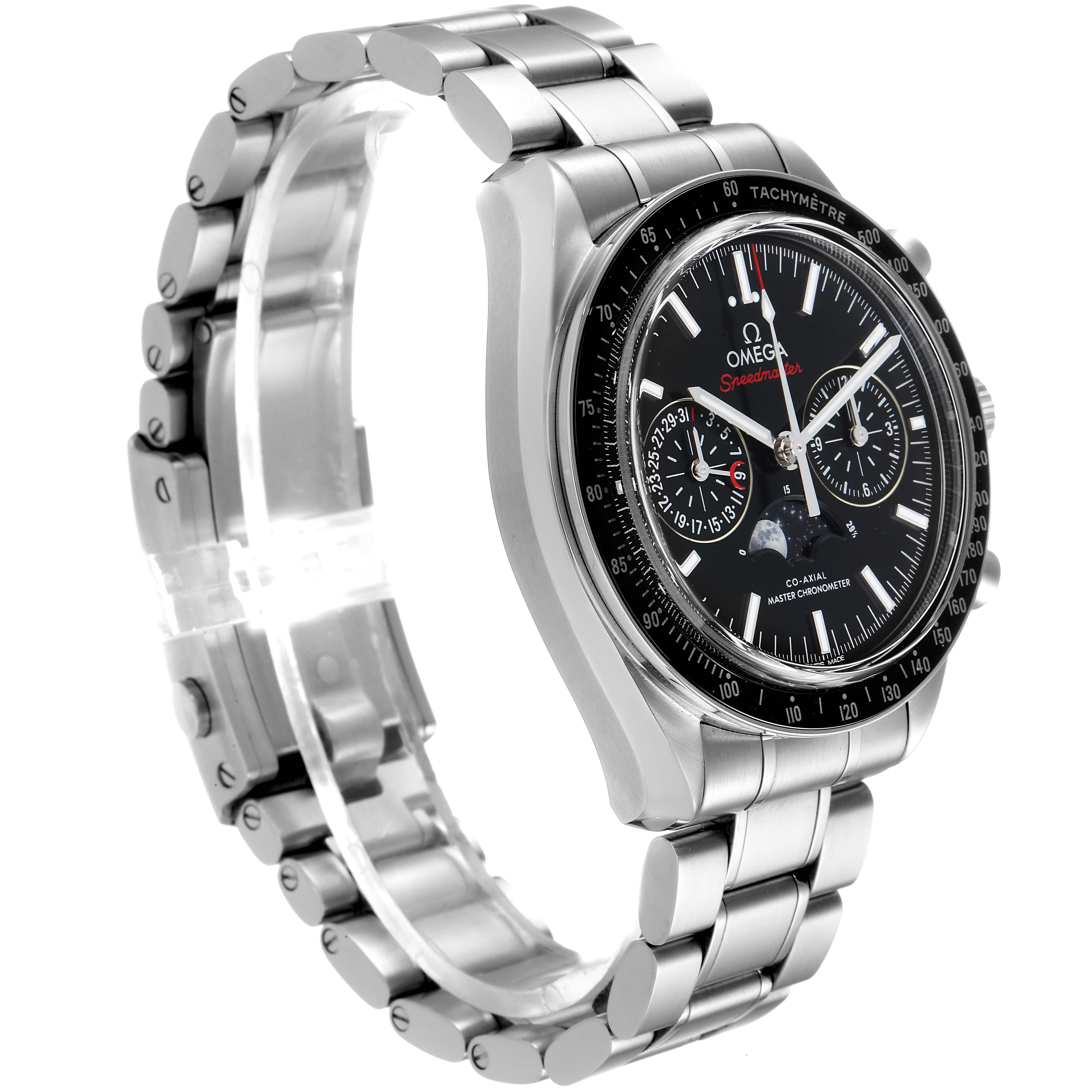 The image shows an Omega Speedmaster 304.30.44.52.01.001 Men
s Stainless Steel Black Dial 304.30.44.52.01.001 Men
s Stainless Steel Black Dial watch from a 3/4 side angle, highlighting its face, bezel, and metal bracelet.