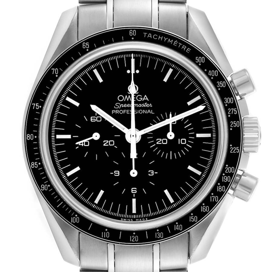 The image shows a frontal view of an Omega Speedmaster watch, highlighting the dial, bezel, pushers, and crown.