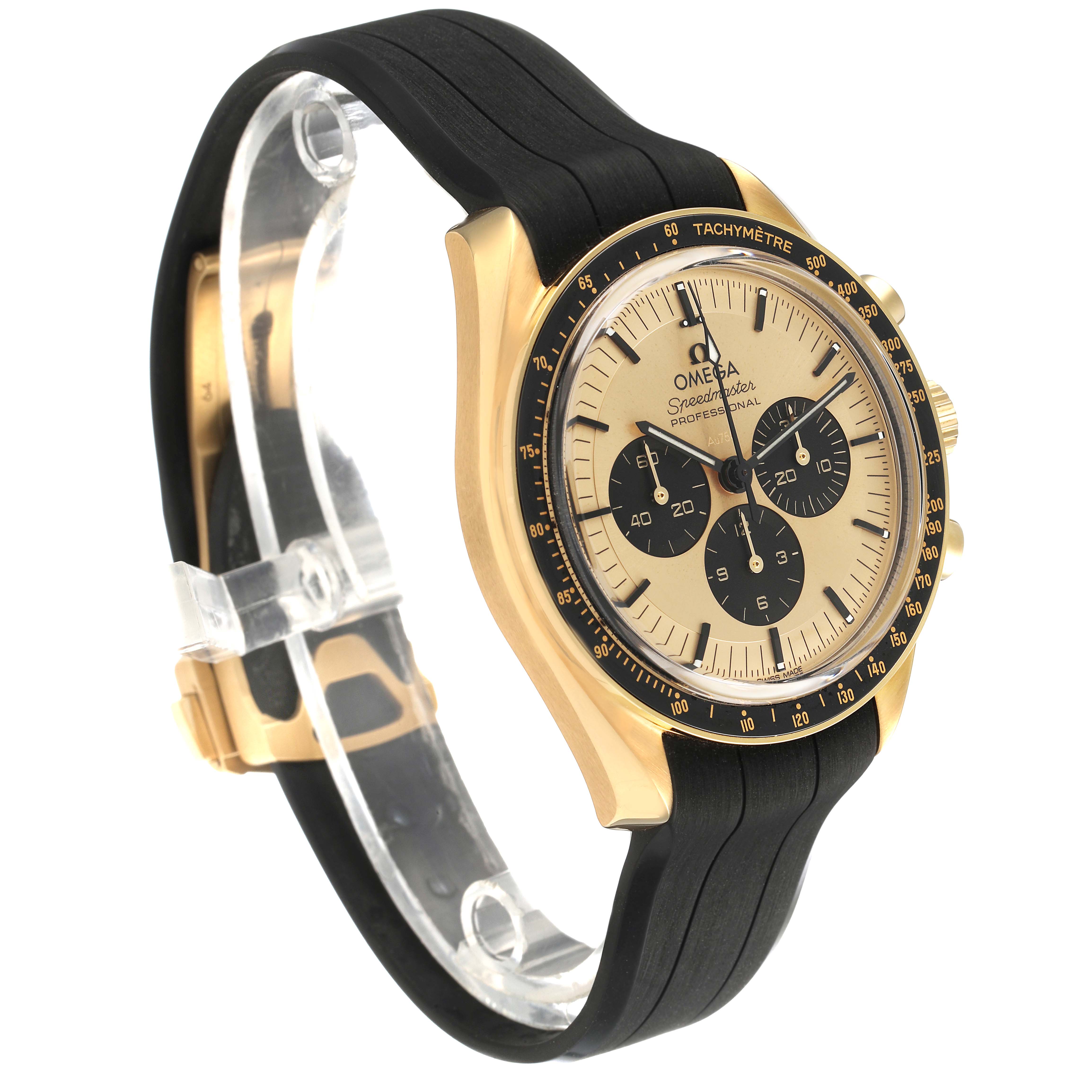 The Omega Speedmaster 310.62.42.50.99.001 Men's Yellow Gold Black Dial watch is shown from a side angle, highlighting the dial, bezel, and black strap.