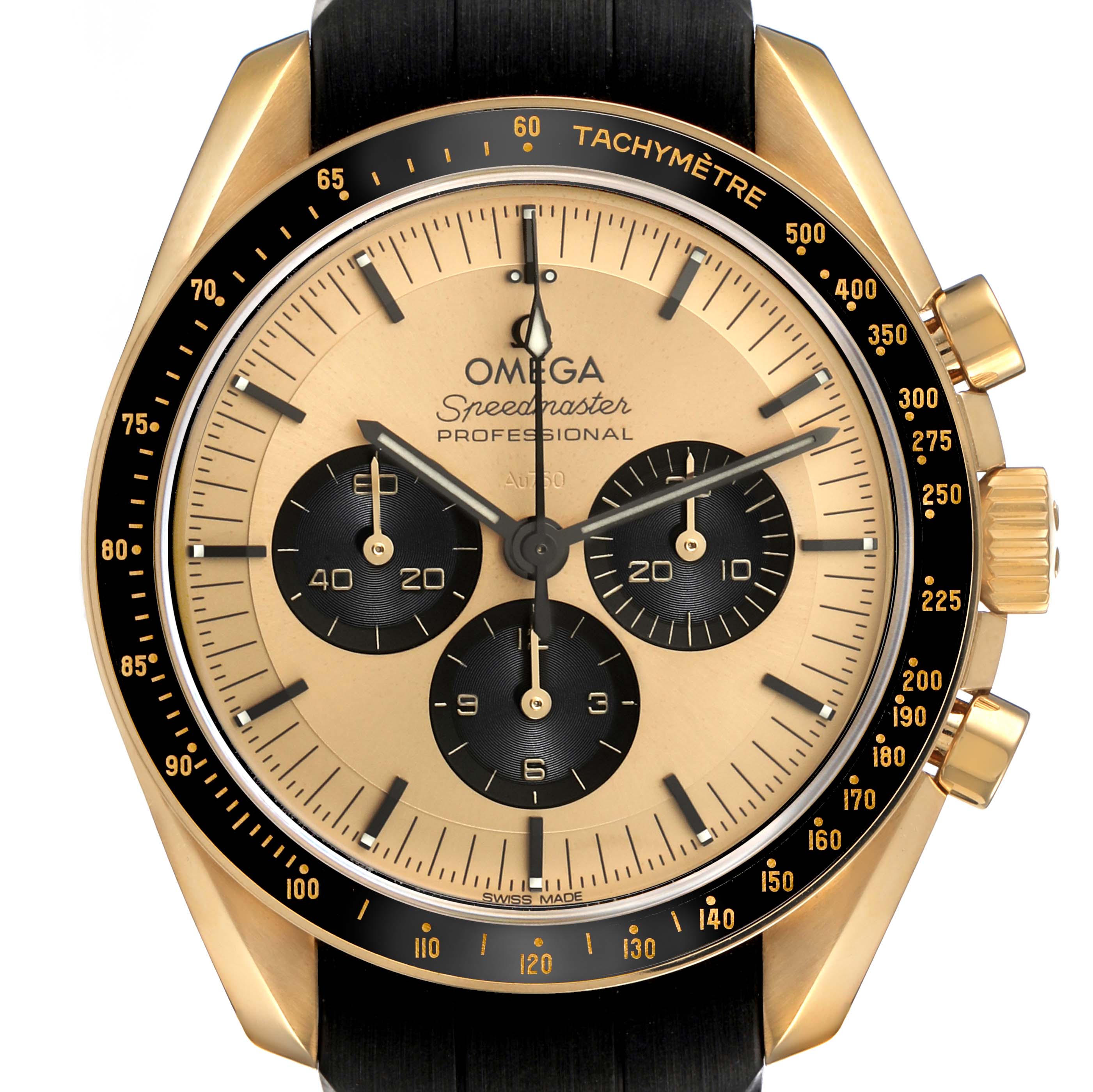 The Omega Speedmaster 310.62.42.50.99.001 Men's Yellow Gold Black Dial watch is shown from a top angle, highlighting the dial, tachymeter, subdials, and crown.