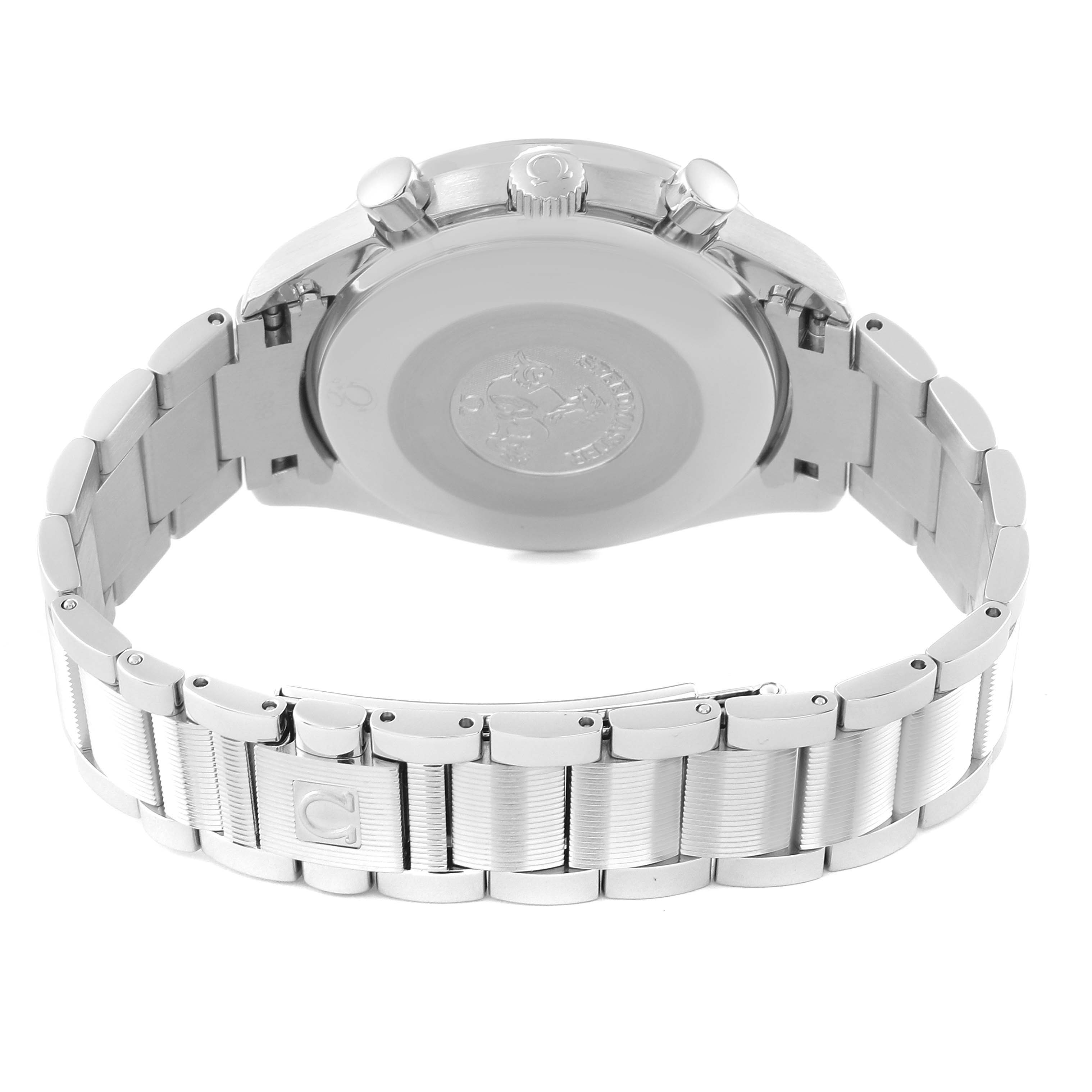 The image shows the back and bracelet of an Omega Speedmaster 3534.74.00 Men's Stainless Steel Mother of Pearl Dial 3534.74.00 Men's Stainless Steel Mother of Pearl Dial watch.
