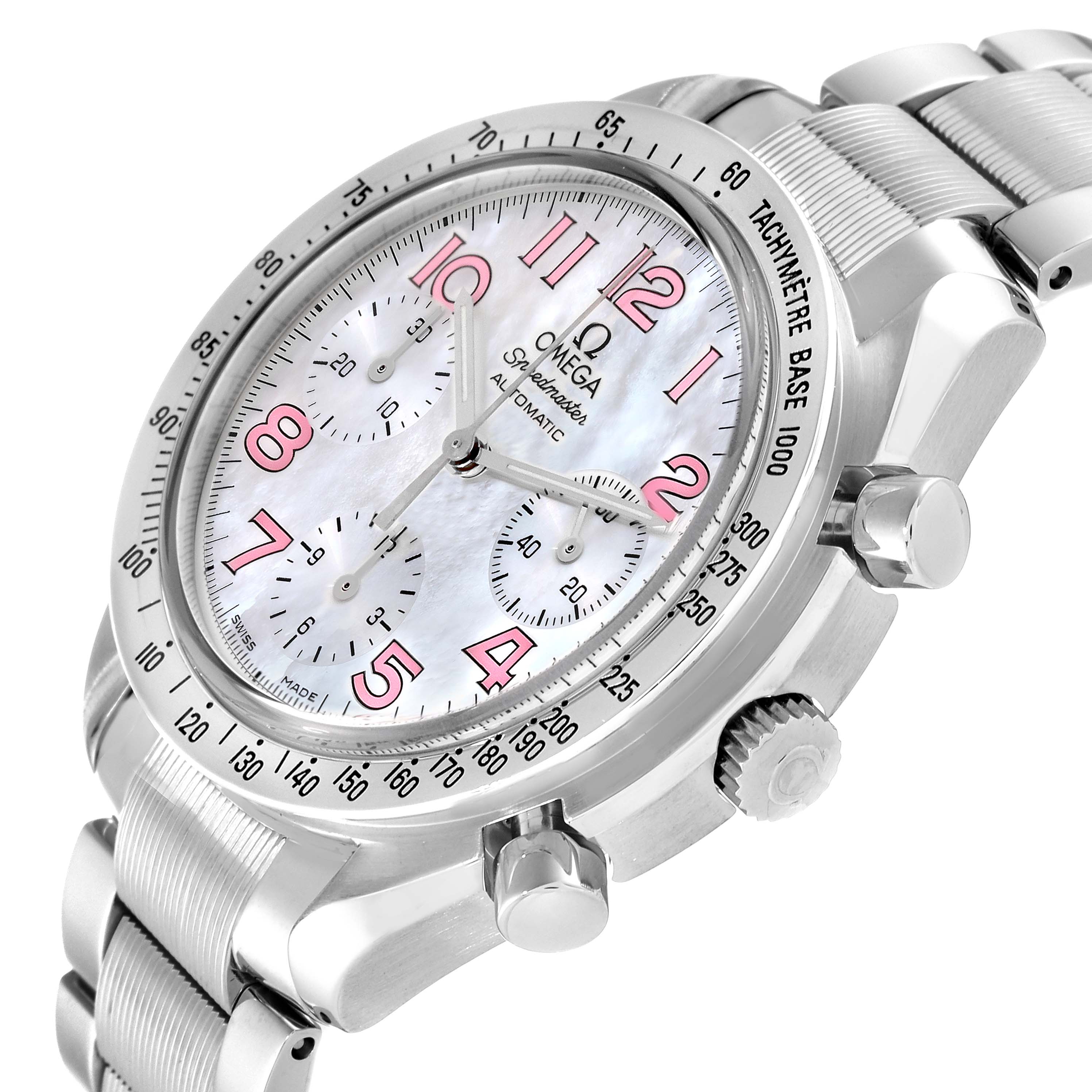 The image shows a side and partial top view of an Omega Speedmaster 3534.74.00 Men's Stainless Steel Mother of Pearl Dial 3534.74.00 Men's Stainless Steel Mother of Pearl Dial watch, highlighting its dial, bezel, and bracelet.