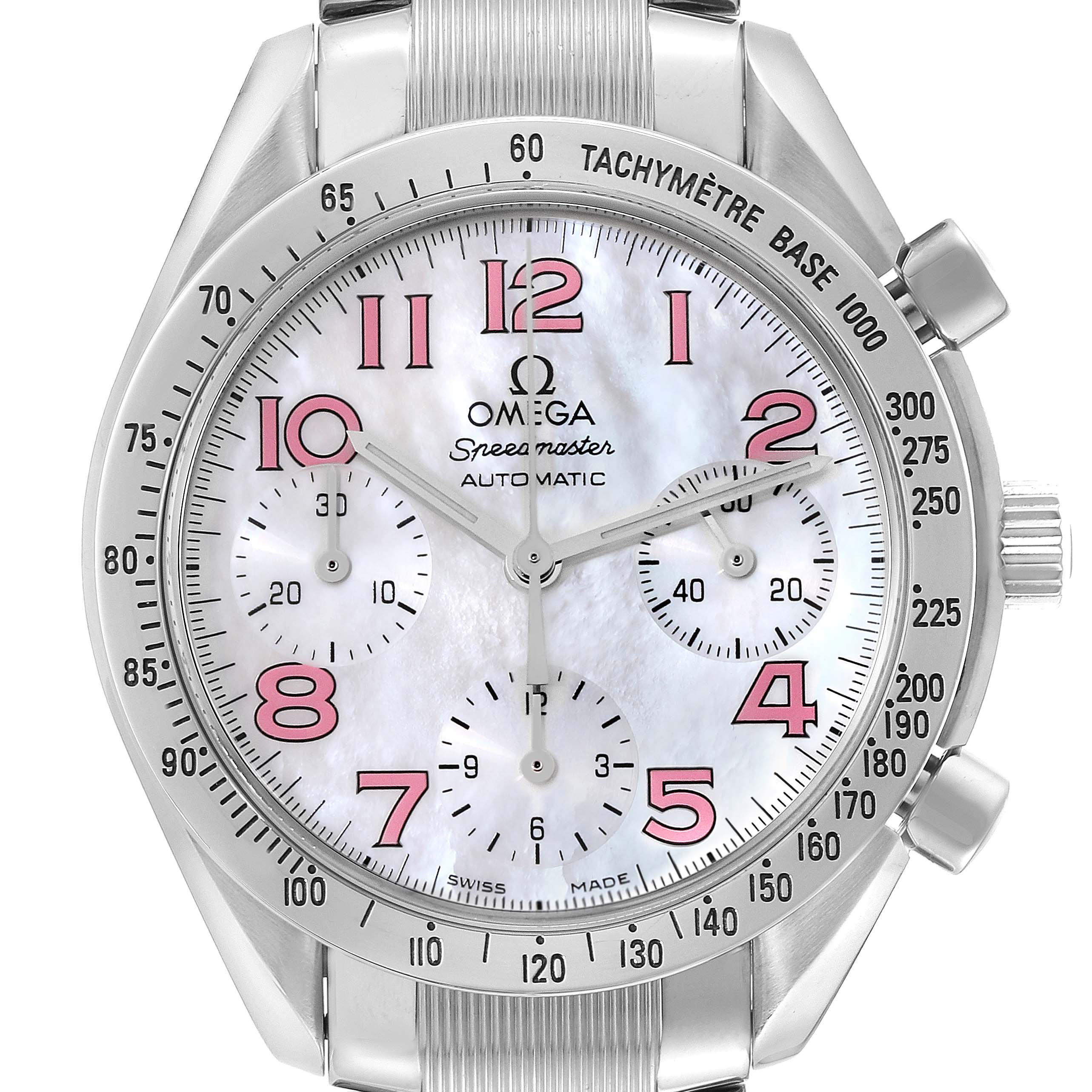 The Omega Speedmaster 3534.74.00 Men's Stainless Steel Mother of Pearl Dial 3534.74.00 Men's Stainless Steel Mother of Pearl Dial watch is shown from a front angle, highlighting its dial, tachymeter, subdials, and crown.