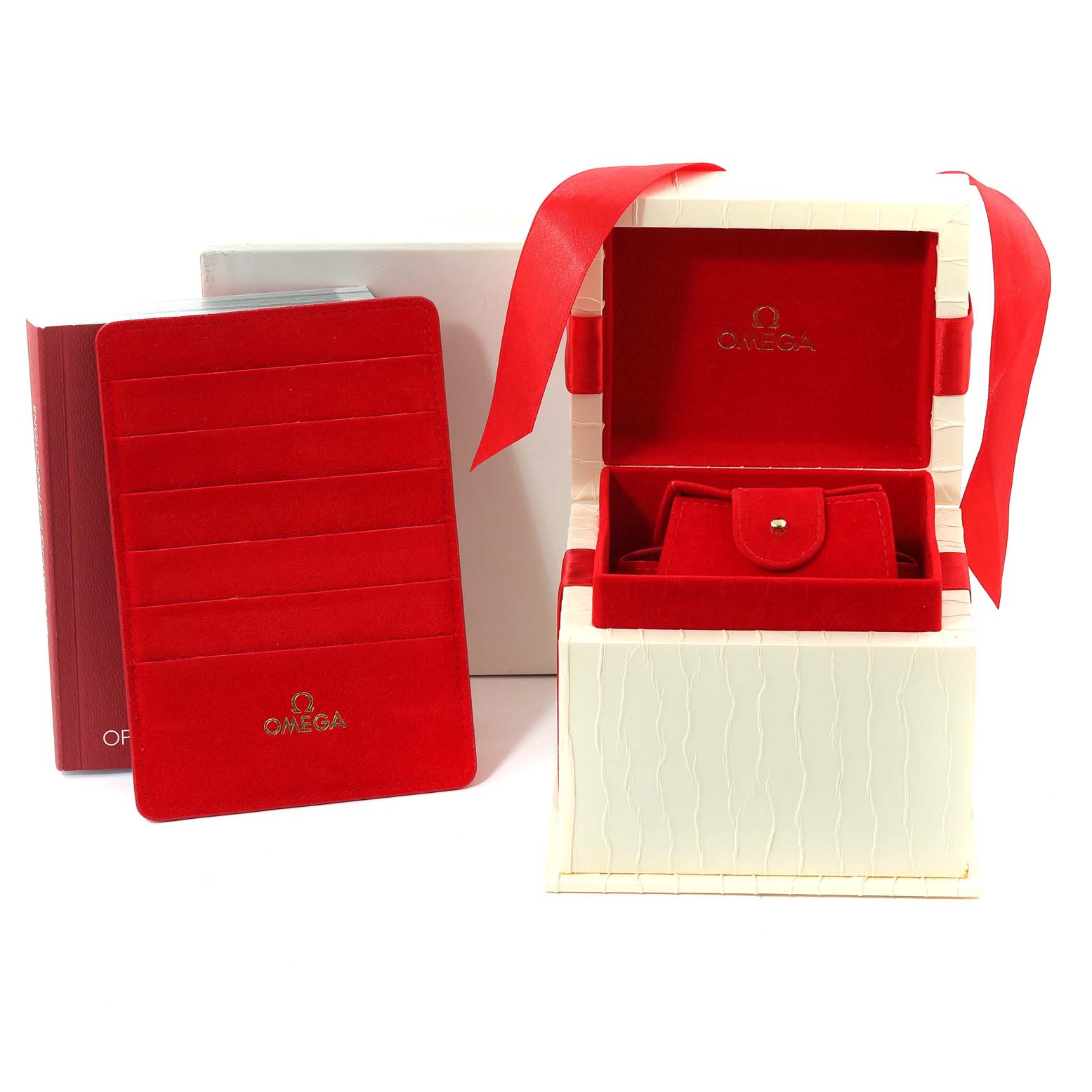 The image shows packaging accessories for an Omega Speedmaster 3534.74.00 Men's Stainless Steel Mother of Pearl Dial 3534.74.00 Men's Stainless Steel Mother of Pearl Dial, including a red velvet-lined box and a matching red cardholder.