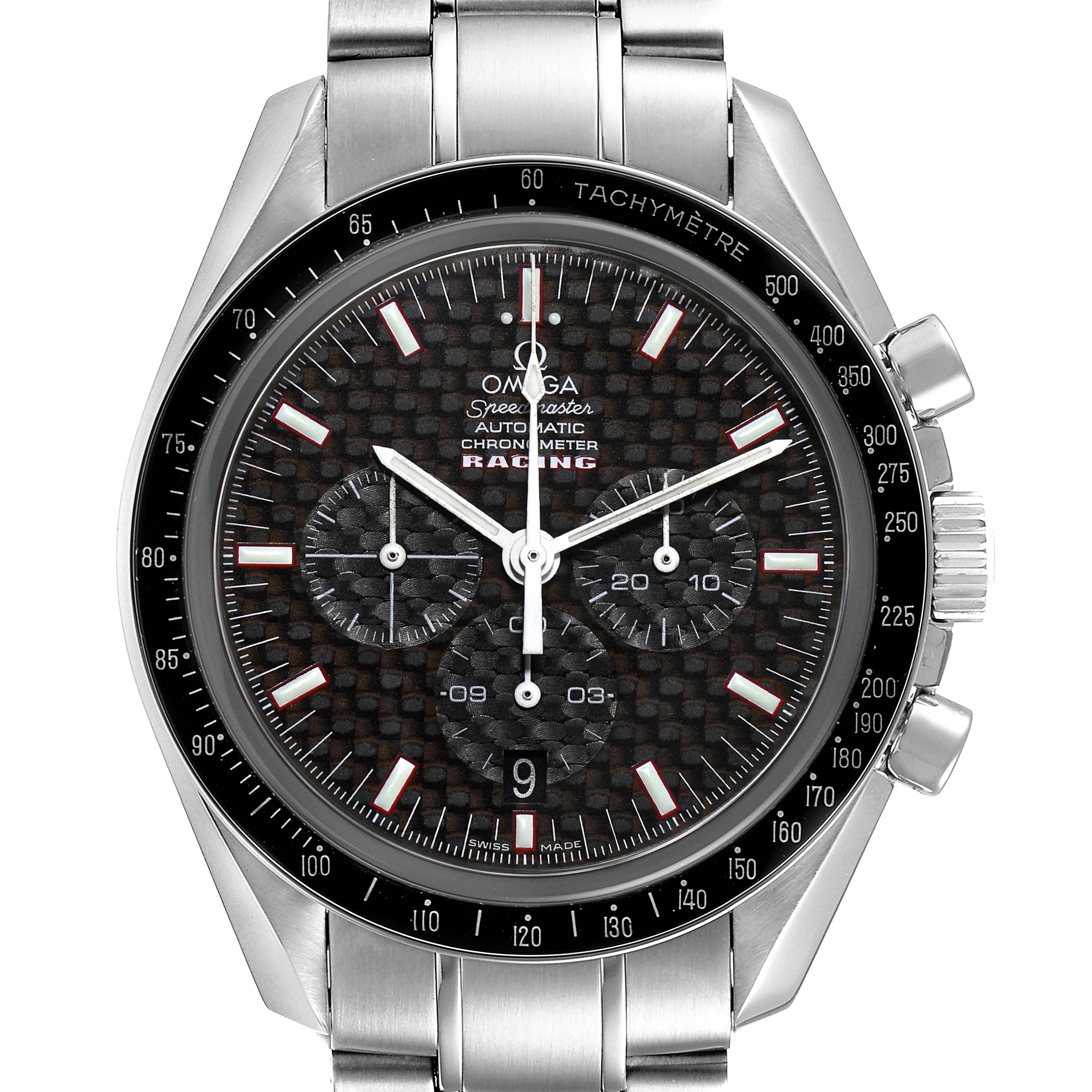 The image shows a frontal view of the Omega Speedmaster 3552.59.00 Men
s Stainless Steel Black Dial 3552.59.00 Men
s Stainless Steel Black Dial Racing watch, displaying the watch face, bezel, and bracelet.
