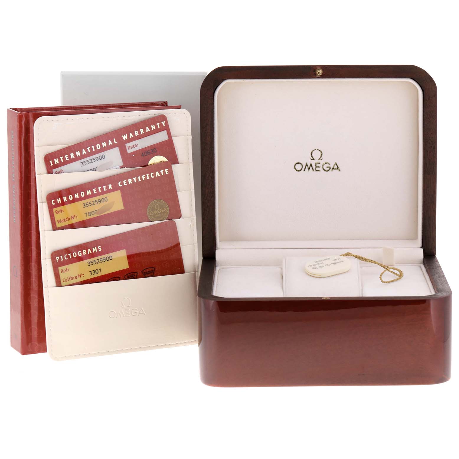 The image shows an opened Omega Speedmaster 3552.59.00 Men
s Stainless Steel Black Dial 3552.59.00 Men
s Stainless Steel Black Dial watch box alongside an international warranty, chronometer certificate, and pictograms.