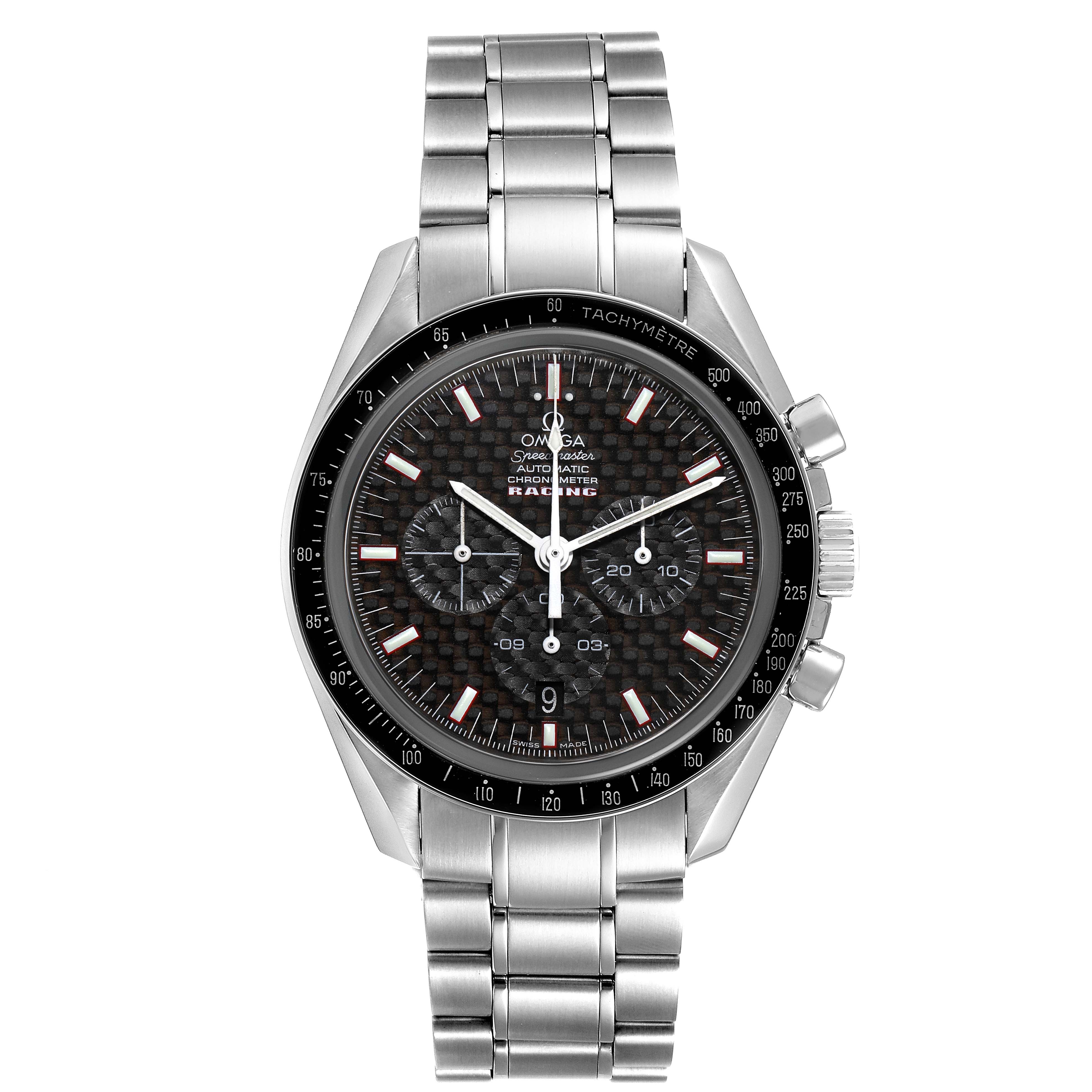 The image shows a front view of an Omega Speedmaster 3552.59.00 Men
s Stainless Steel Black Dial 3552.59.00 Men
s Stainless Steel Black Dial watch with a tachymeter bezel and chronograph subdials.