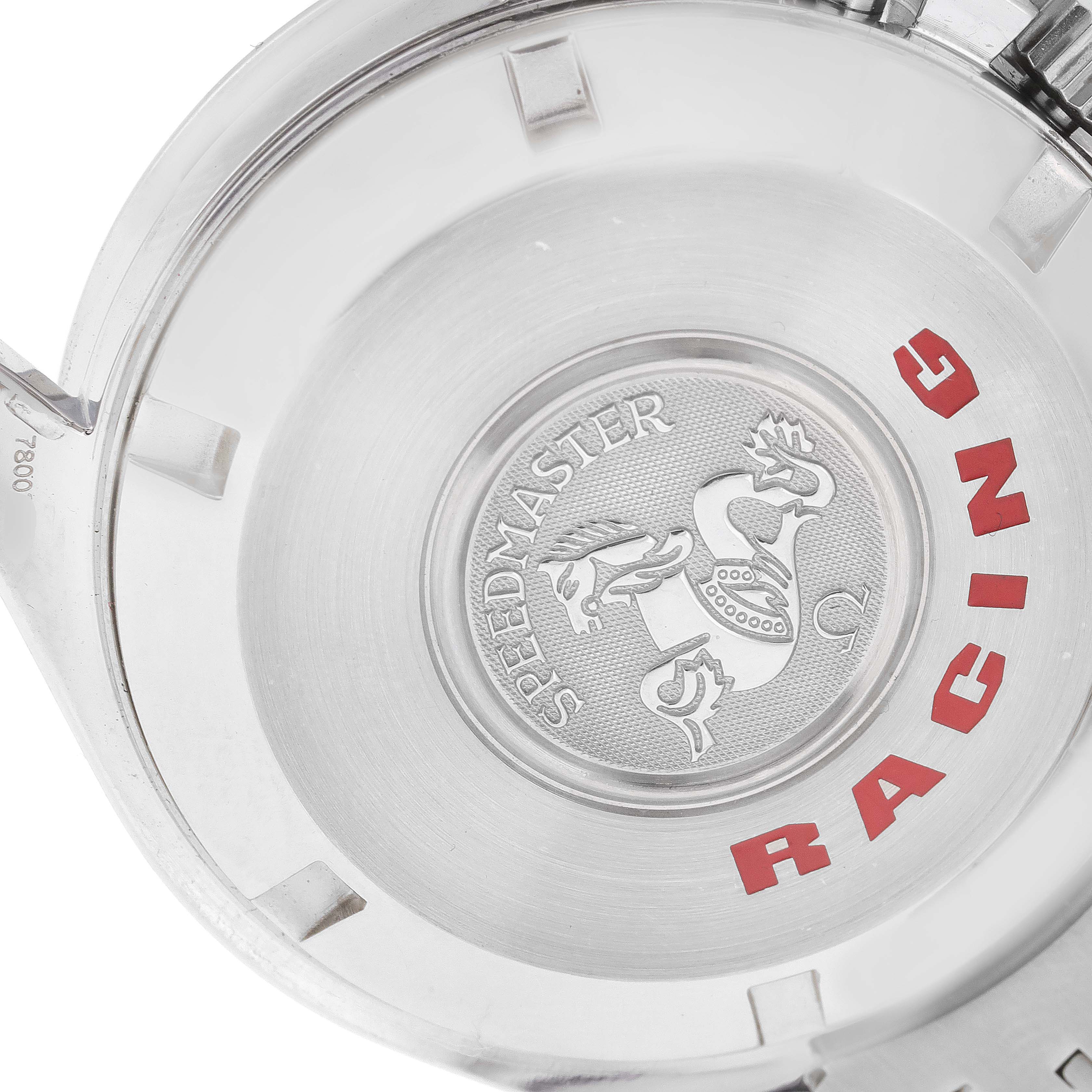 This image shows the case back of the Omega Speedmaster 3552.59.00 Men
s Stainless Steel Black Dial 3552.59.00 Men
s Stainless Steel Black Dial Racing model, highlighting its intricate design and engraving details.