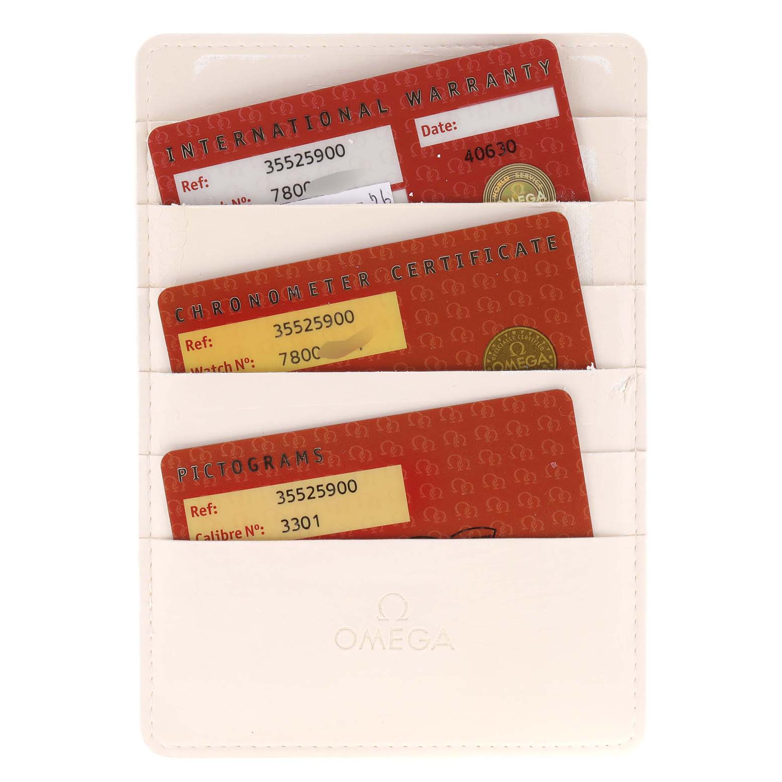 This image shows the warranty and certification cards for the Omega Speedmaster 3552.59.00 Men
s Stainless Steel Black Dial 3552.59.00 Men
s Stainless Steel Black Dial watch.