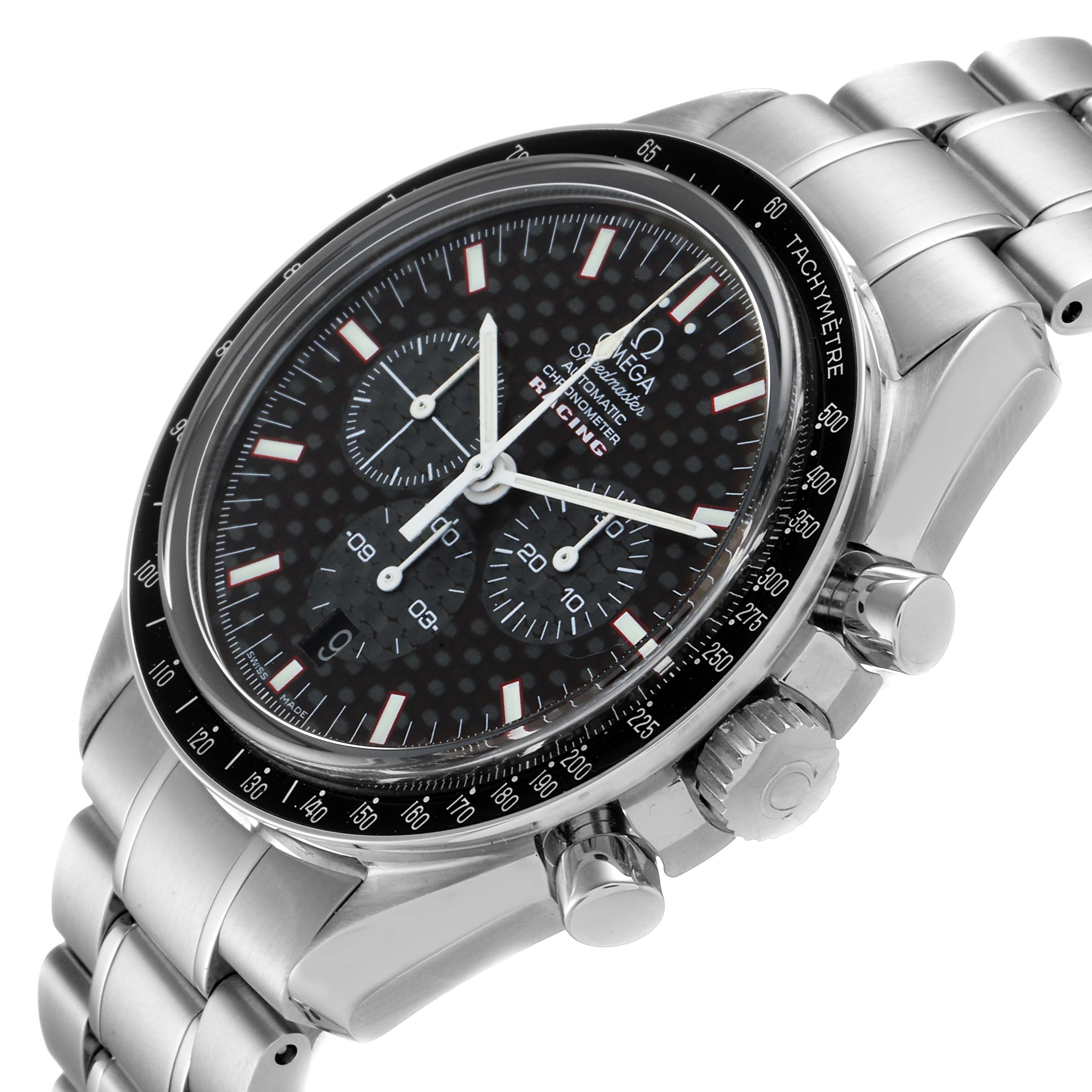 The image shows an angled view of the Omega Speedmaster 3552.59.00 Men
s Stainless Steel Black Dial 3552.59.00 Men
s Stainless Steel Black Dial watch, highlighting its face, bezel, and bracelet.