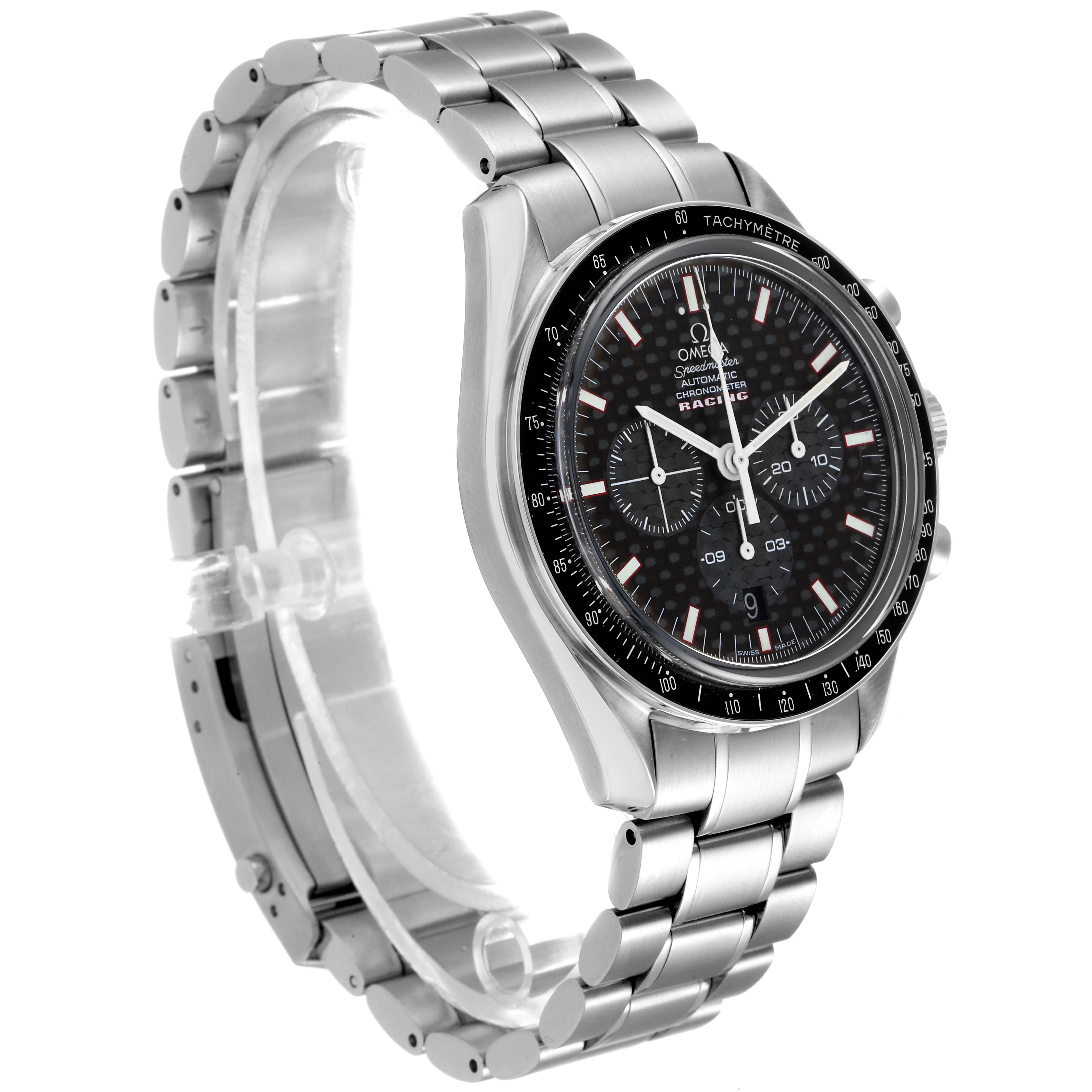 The Omega Speedmaster 3552.59.00 Men
s Stainless Steel Black Dial 3552.59.00 Men
s Stainless Steel Black Dial watch is shown at a side angle, displaying its dial, bracelet, and bezel.