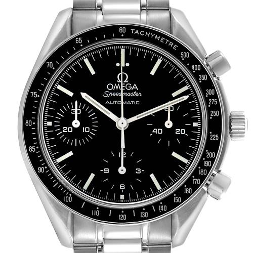 The Omega Speedmaster watch is shown from the front, displaying the dial, subdials, and tachymeter bezel.