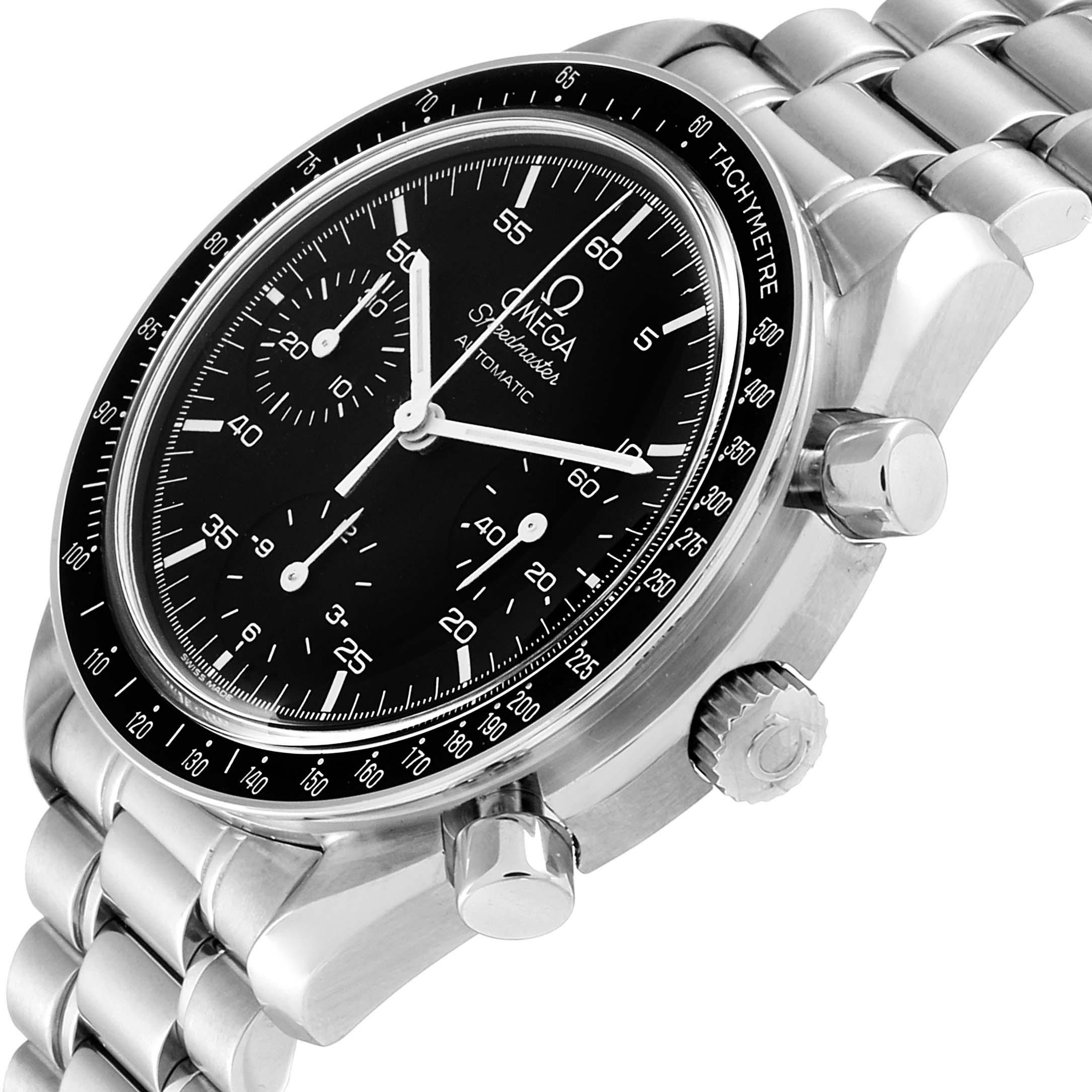 The Omega Speedmaster 3510.50.00 Men
s Stainless Steel Black Dial 3510.50.00 Men
s Stainless Steel Black Dial watch is shown at a three-quarter angle, displaying the face, tachymeter bezel, and side pushers.