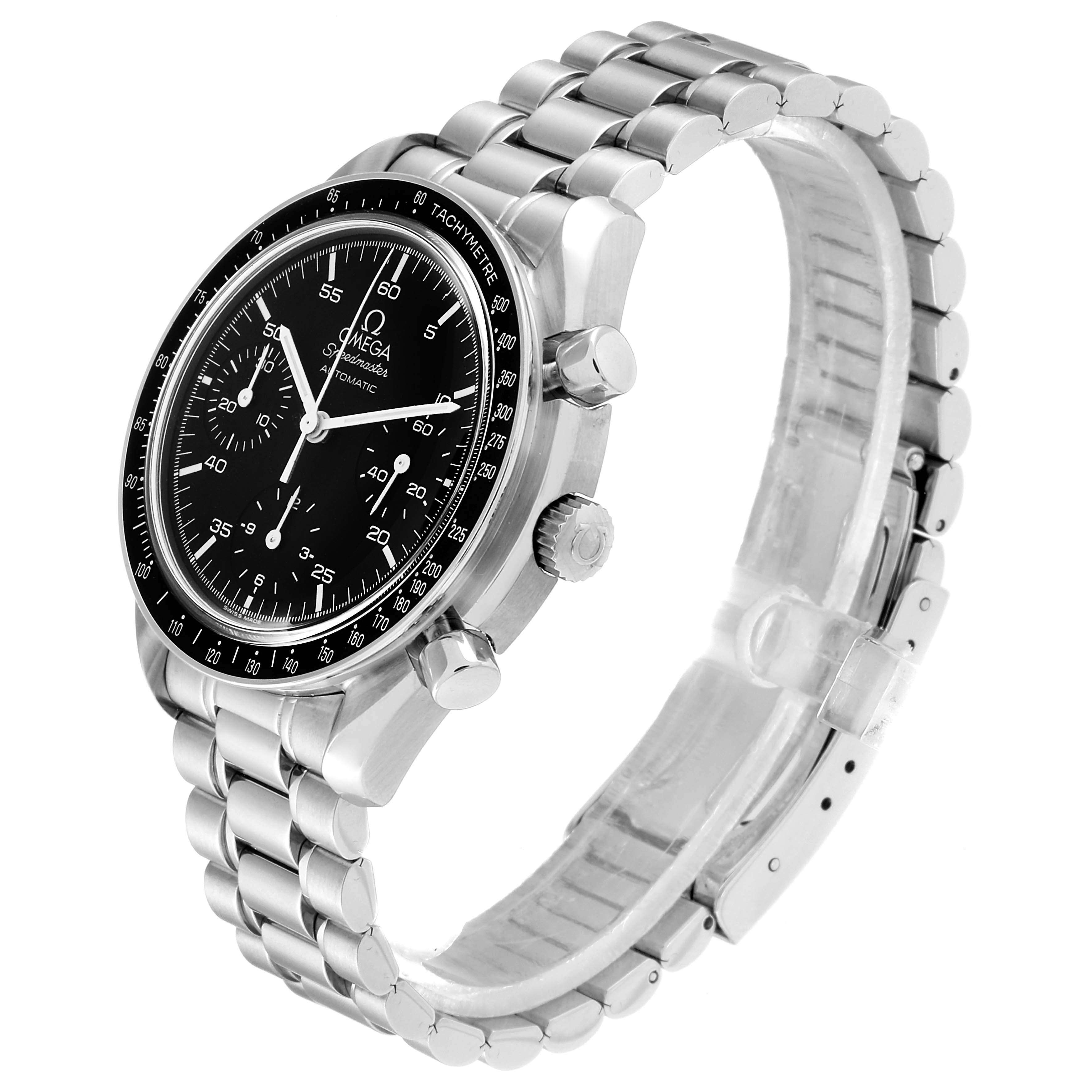 This image shows an Omega Speedmaster 3510.50.00 Men
s Stainless Steel Black Dial 3510.50.00 Men
s Stainless Steel Black Dial watch from an angled side view, highlighting the face, bezel, crown, pushers, and bracelet.